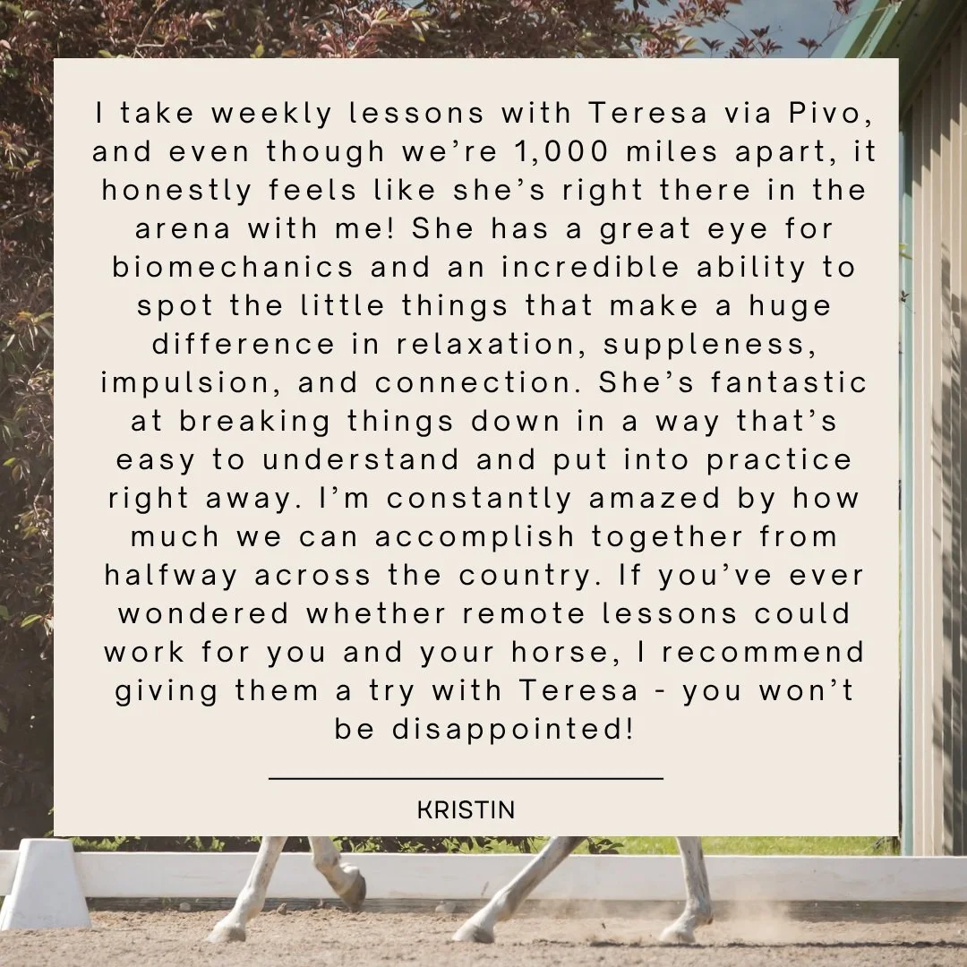 Wish you had a dressage trainer in your corner, no matter where you live?

I&rsquo;m opening up just a few more spots for virtual lessons while I&rsquo;m in Florida for part of this winter 🎉🦄 

Virtual lessons are a great way to get personalized fe