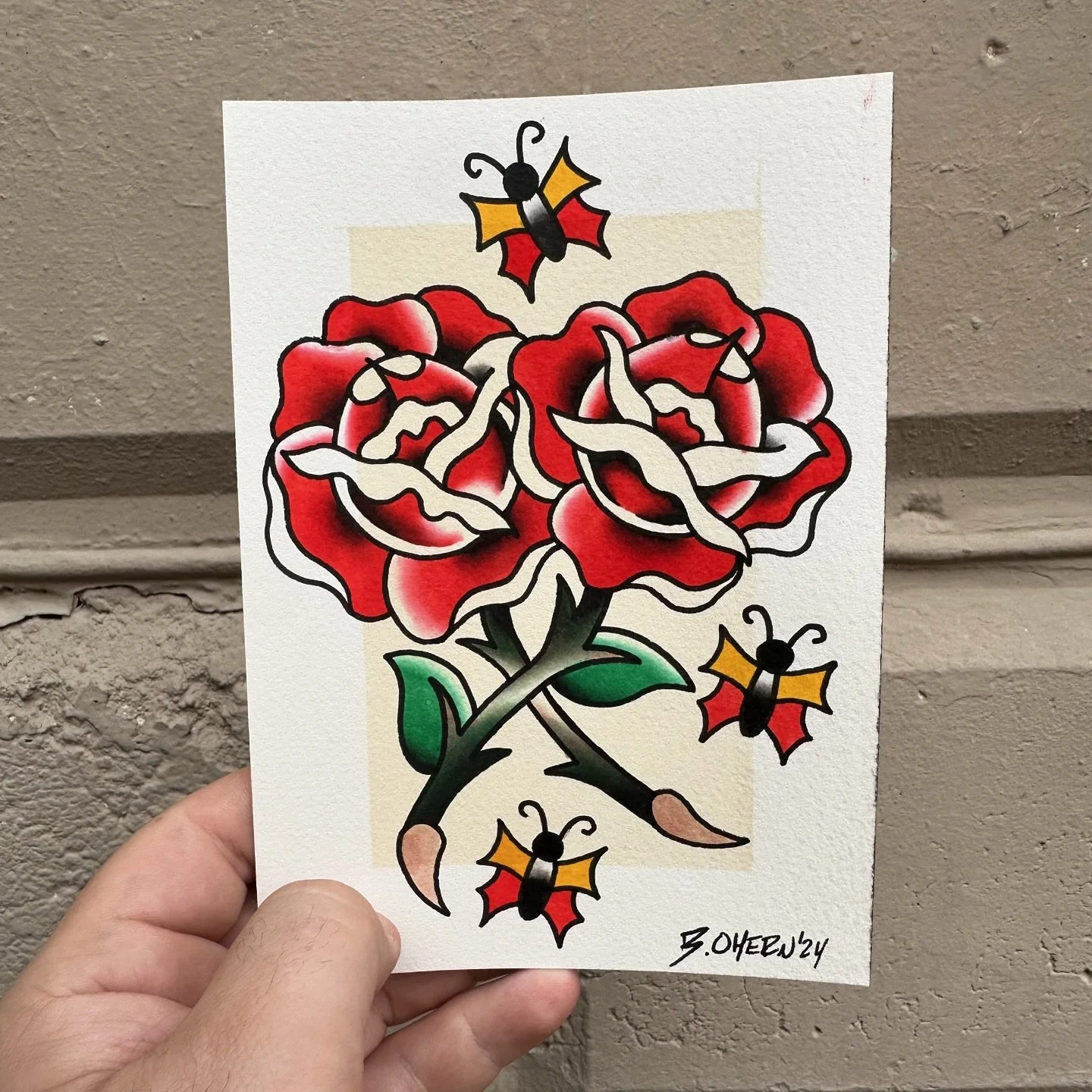 this is like the last rose painting i did but there's an extra rose and three extra butterflies!
