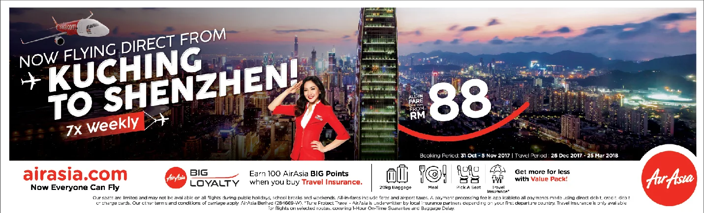AirAsia menghubungkan Kuching ke Shenzhen dengan penerbangan terus harian