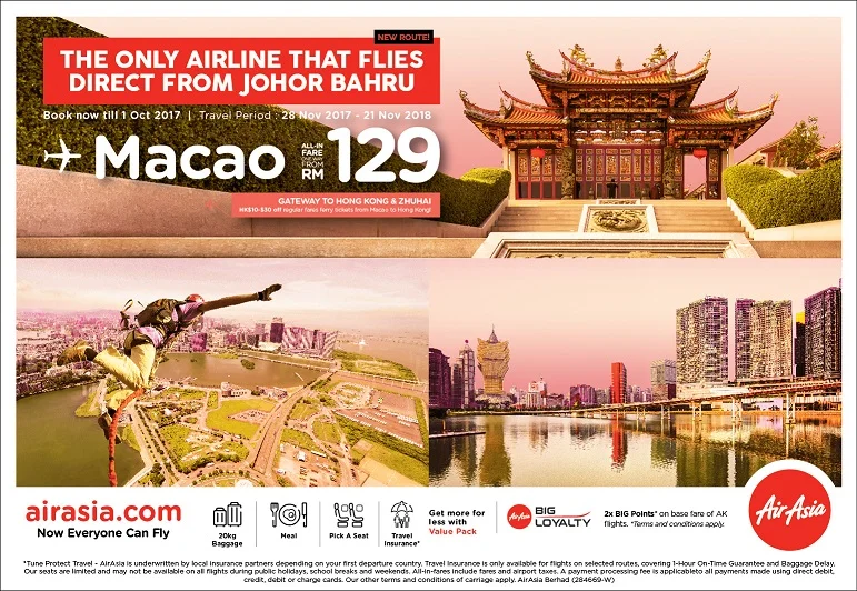 AirAsia lancar laluan baharu ke Macau dari Johor Bahru untuk terus mengembangkan hab tersebut