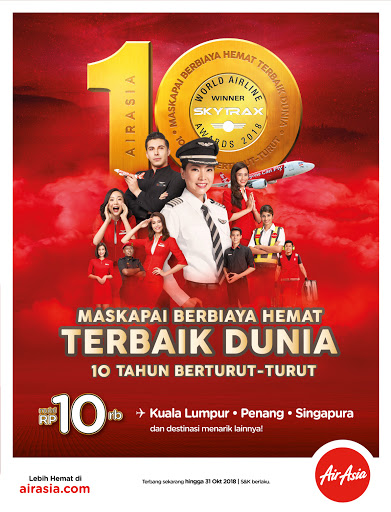 Rayakan 10 tahun sebagai maskapai LCC terbaik dunia, AirAsia tawarkan harga spesial mulai 10 ribu rupiah*!