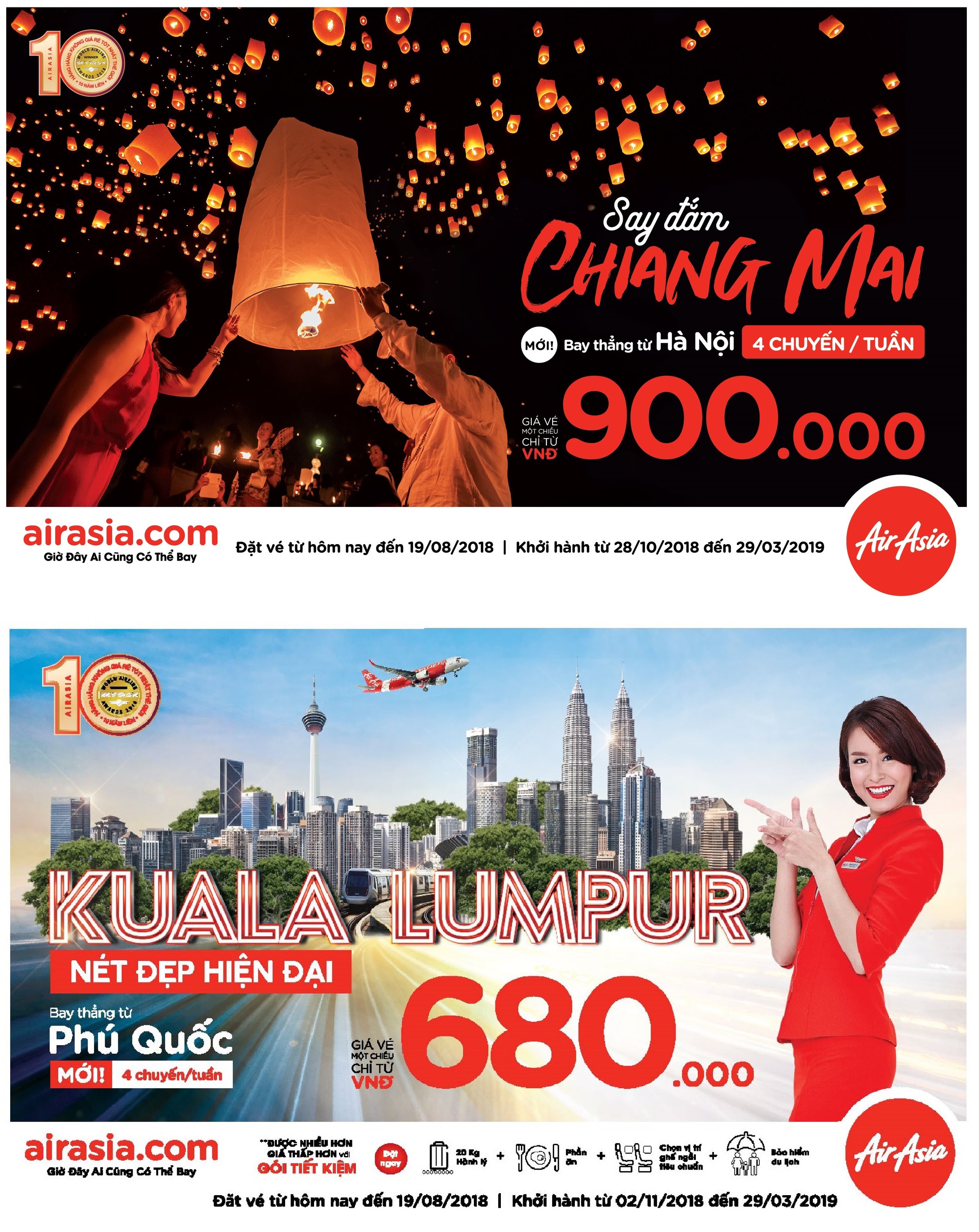 AirAsia tăng cường mạng lưới với 2 đường bay thẳng từ Việt Nam đến Kuala Lumpur và Chiang Mai