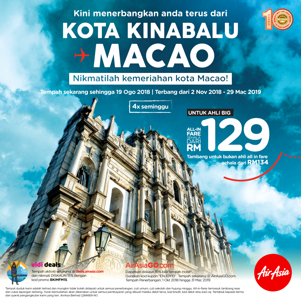 AirAsia kukuhkan hab Kota Kinabalu dengan laluan baharu ke Macao
