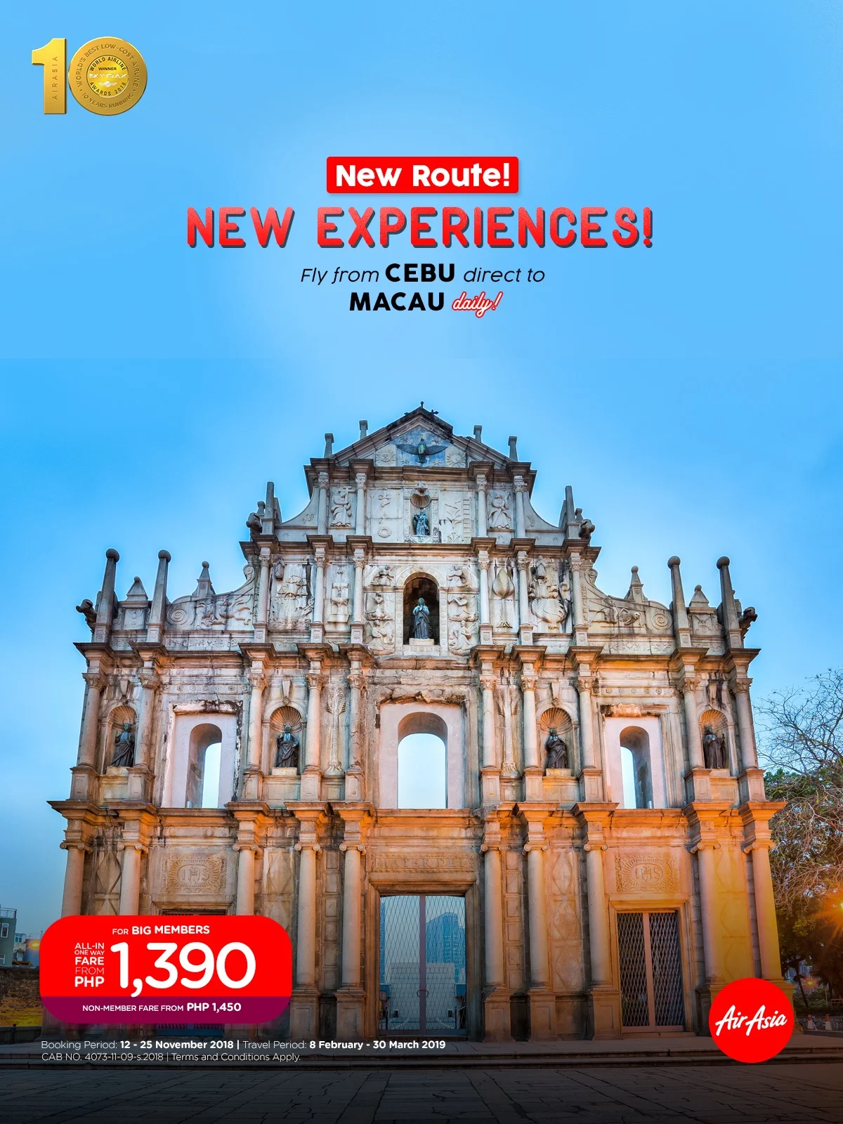 AirAsia Connects Cebu to Macao - Promo fares from as low as P1,390 are up for grabs now at airasia.com
