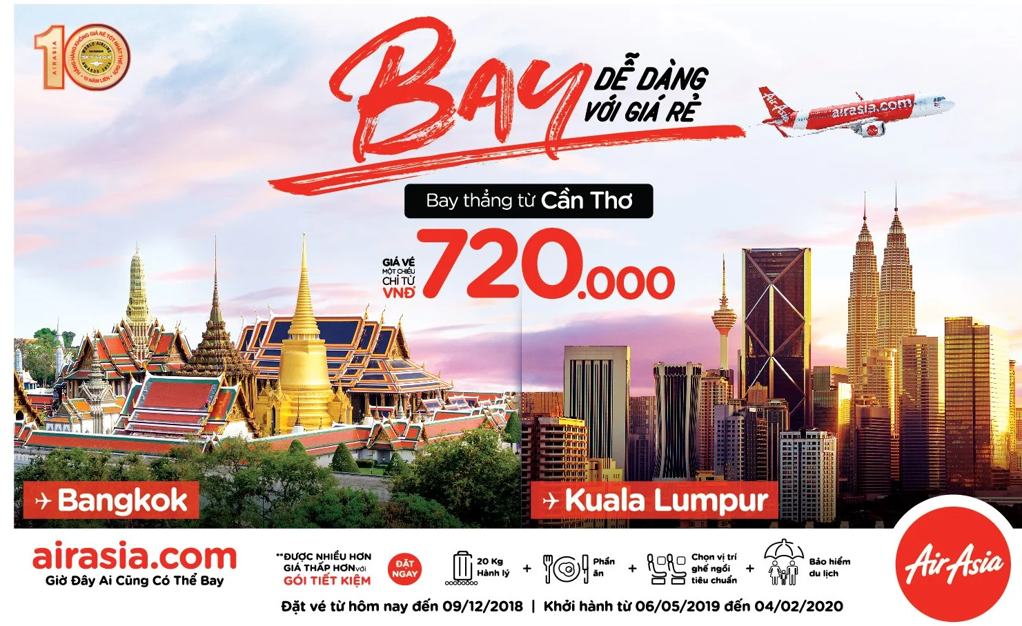  Bay dễ dàng với giá rẻ  từ Cần Thơ đến Bangkok và Kuala Lumpur cùng AirAsia