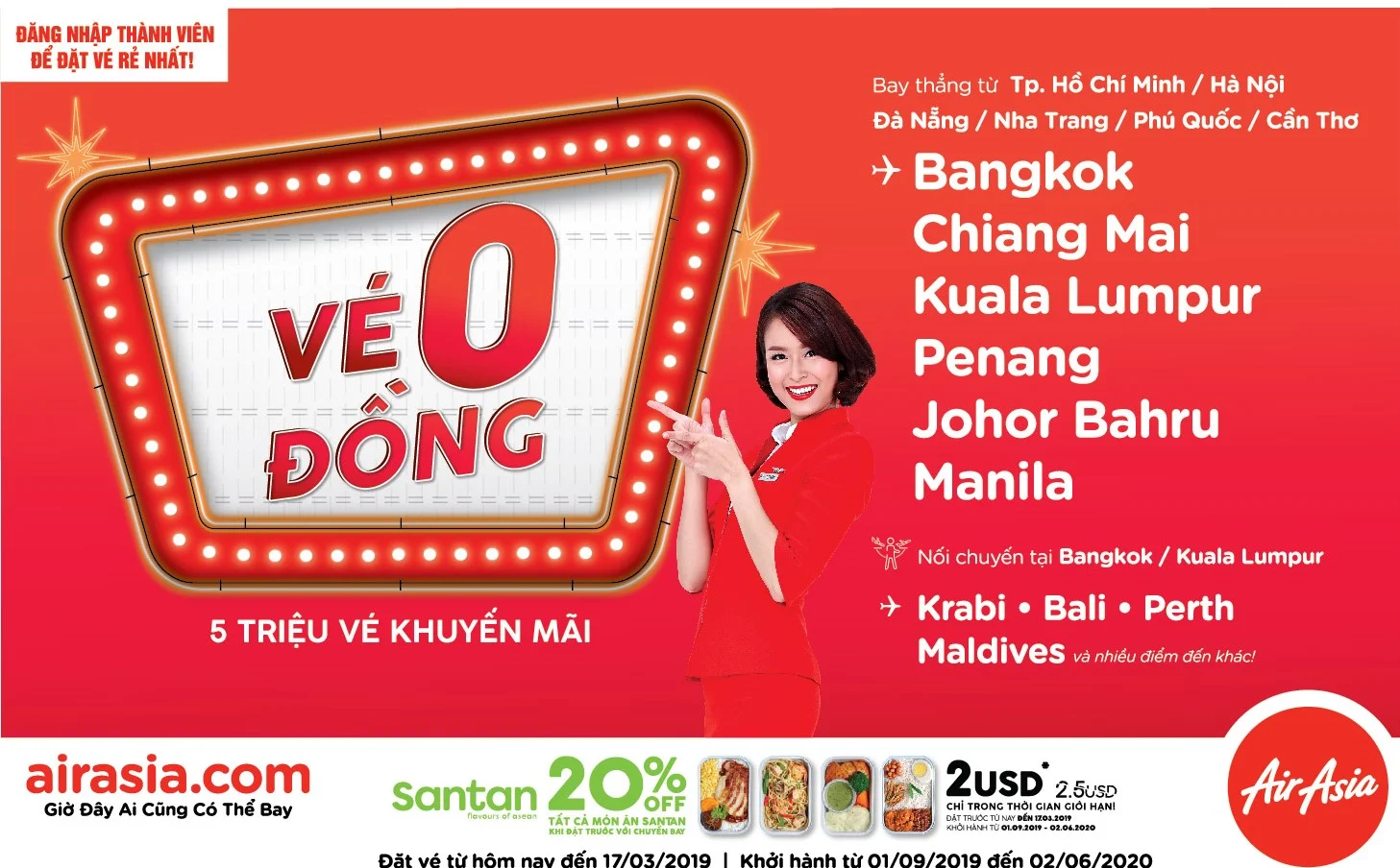 AirAsia tung vé 0 đồng với nhiều ưu đãi có giá trị