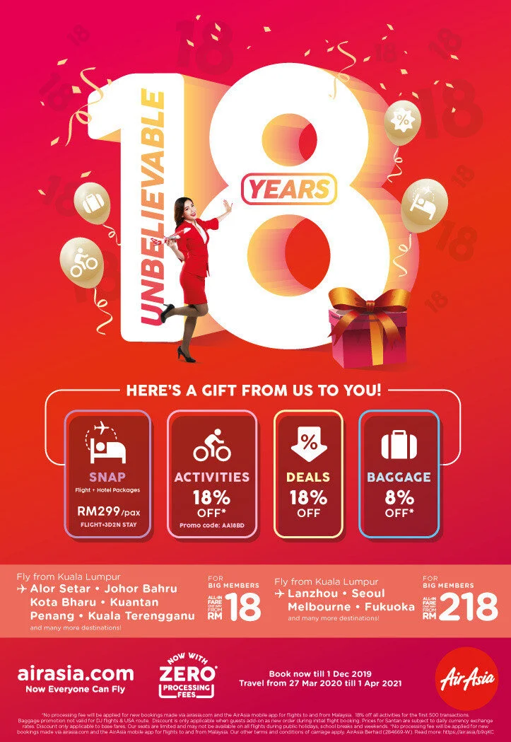 亚航18周年庆，促销票价低至18令吉