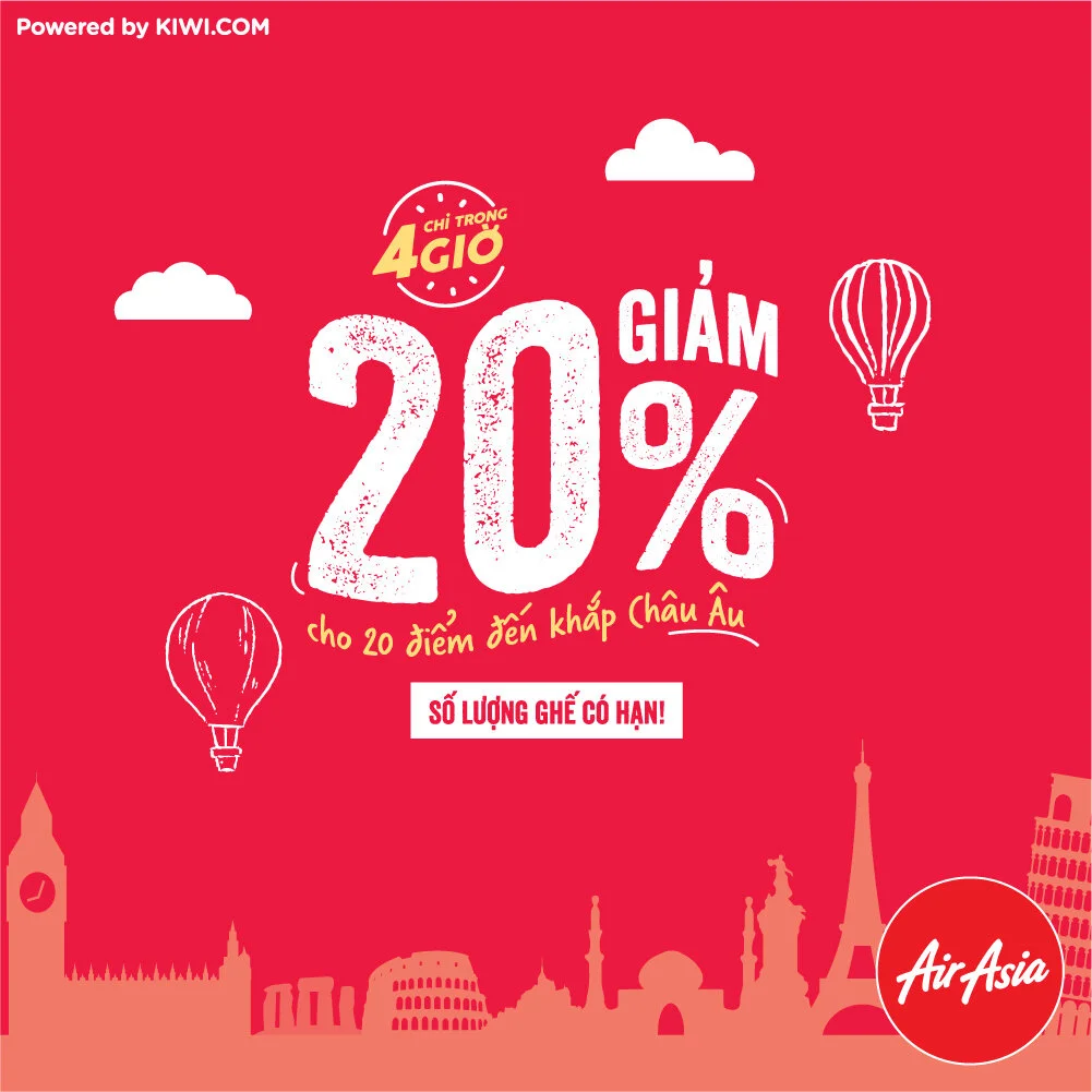 AirAsia mở rộng dịch vụ đặt chỗ đi châu Âu trên airasia.com Bắt đầu năm 2020 với chương trình khuyến mãi giảm giá 20% trên các đường bay đến châu Âu