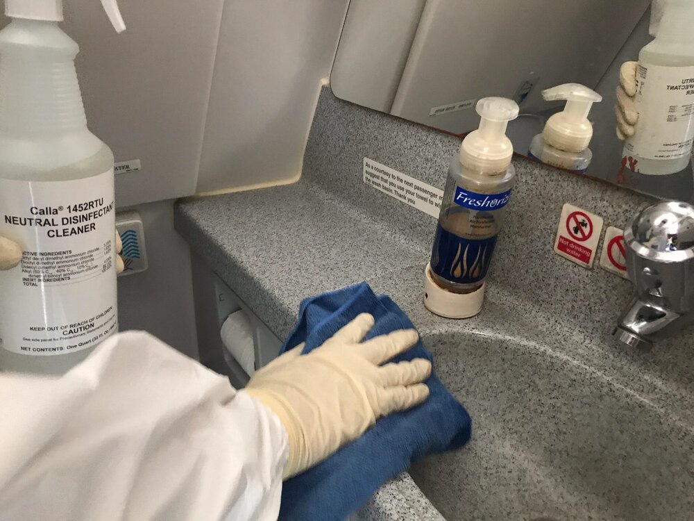 We use high-grade disinfectant to clean the aircraft cabin.