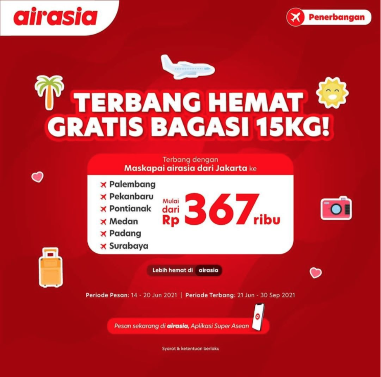 Terbang lebih hemat bersama AirAsia dengan promo pilihan bagasi 15kg Rp0 (nol rupiah)