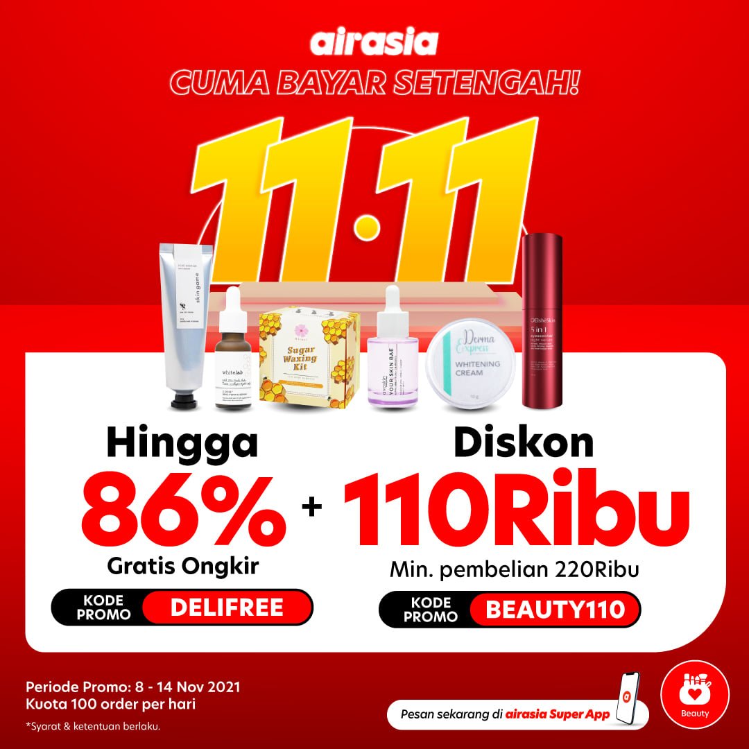 Promo 11.11 dari airasia beauty tawarkan diskon hingga 86% + diskon tambahan Rp110.000