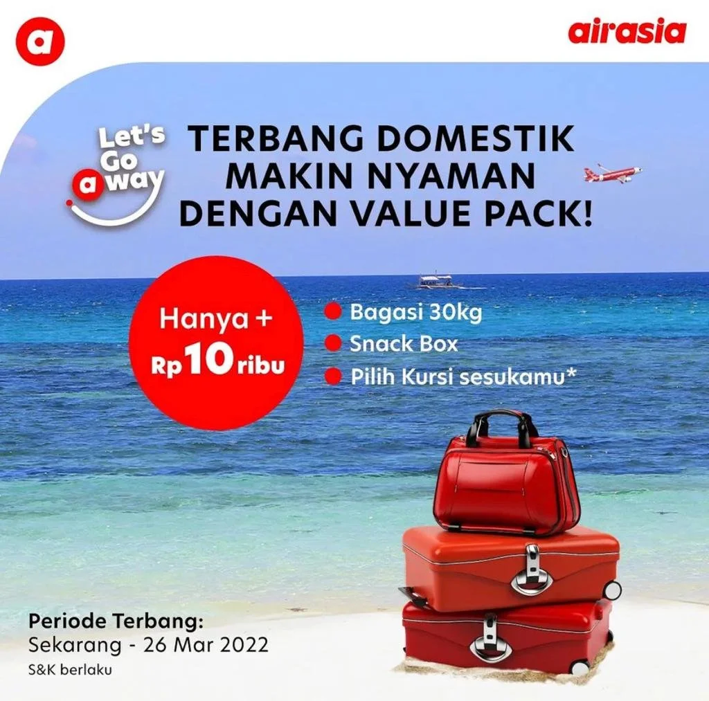 AirAsia tambah keuntungan Paket Hemat Value Pack,  Rp10.000 kini bisa dapat bagasi 30 kg, snack dan pilih kursi
