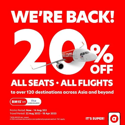 AirAsia kembali dengan diskaun 20% untuk semua tempat duduk dan penerbangan ke lebih 120 destinasi seluruh Asia dan seterusnya!