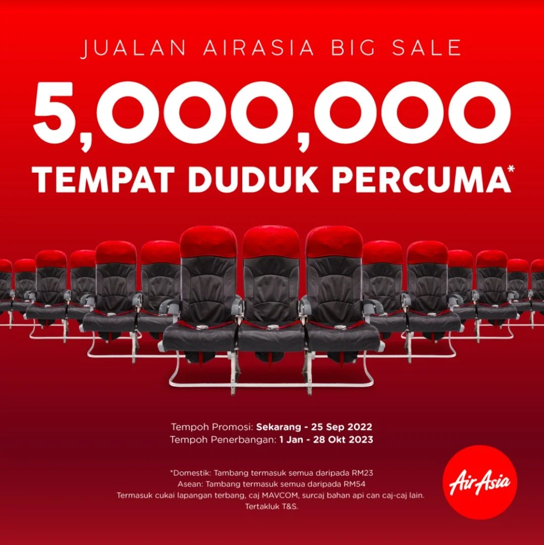 KAMI KEMBALI TERBANG TINGGI! AirAsia lancar jualan tempat duduk PERCUMA* terbesar hari ini dengan 5 juta tempat duduk sedia ditempah