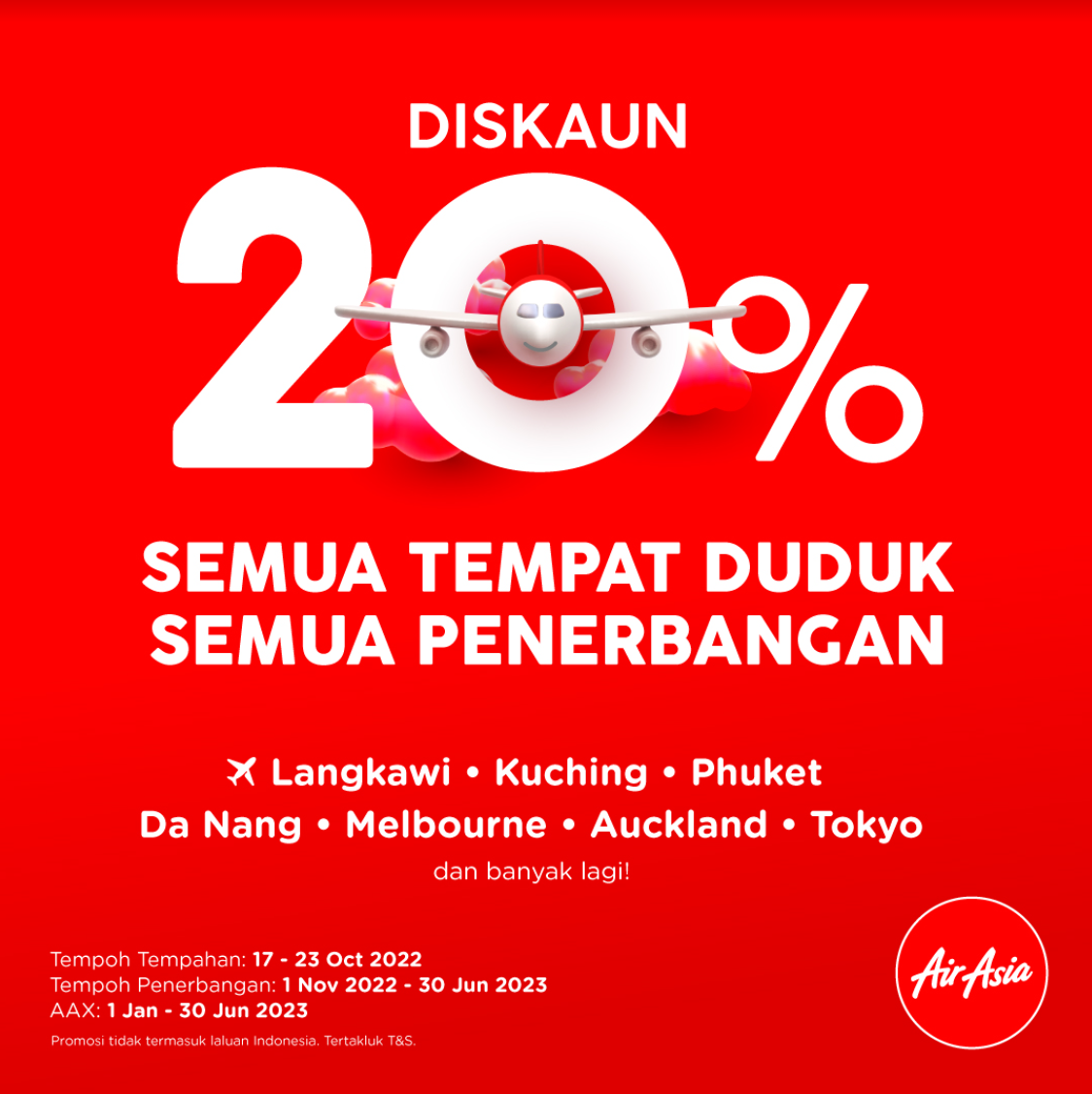 AirAsia tawar diskaun 20% untuk semua tempat duduk dan semua penerbangan ke destinasi domestik dan antarabangsa terpilih untuk tempoh masa terhad!