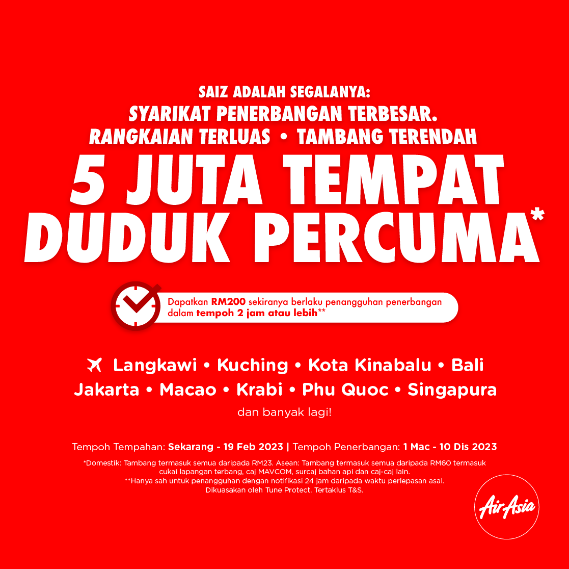 AirAsia catat jualan lebih 1 juta bagi kempen Tempat Duduk PERCUMA*nya