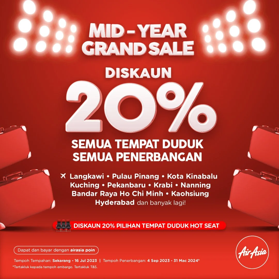 AirAsia tawar diskaun 20% untuk semua tempat duduk, semua penerbangan