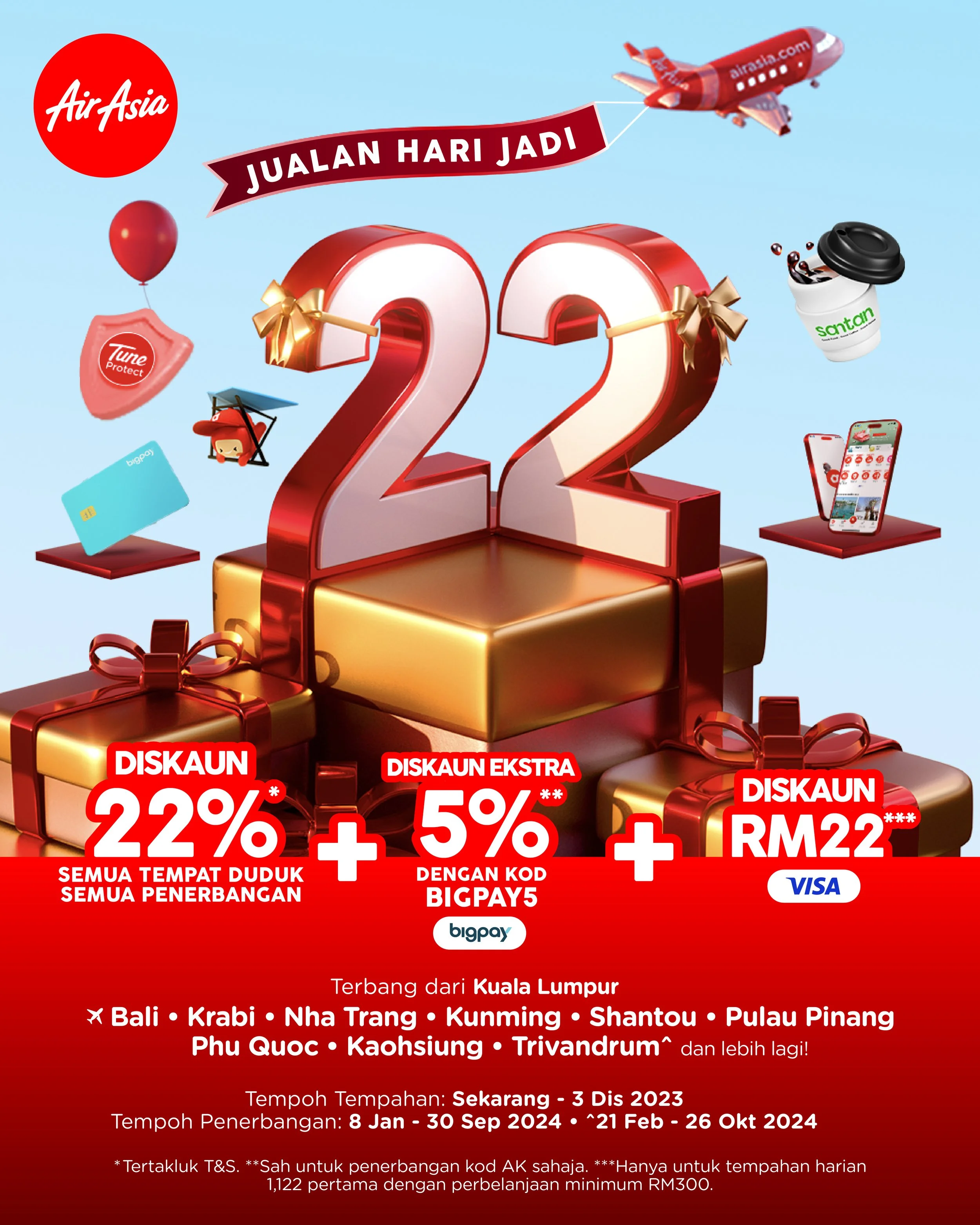AirAsia rai ulang tahun ke-22 dengan diskaun 22% untuk semua tempat duduk, semua penerbangan