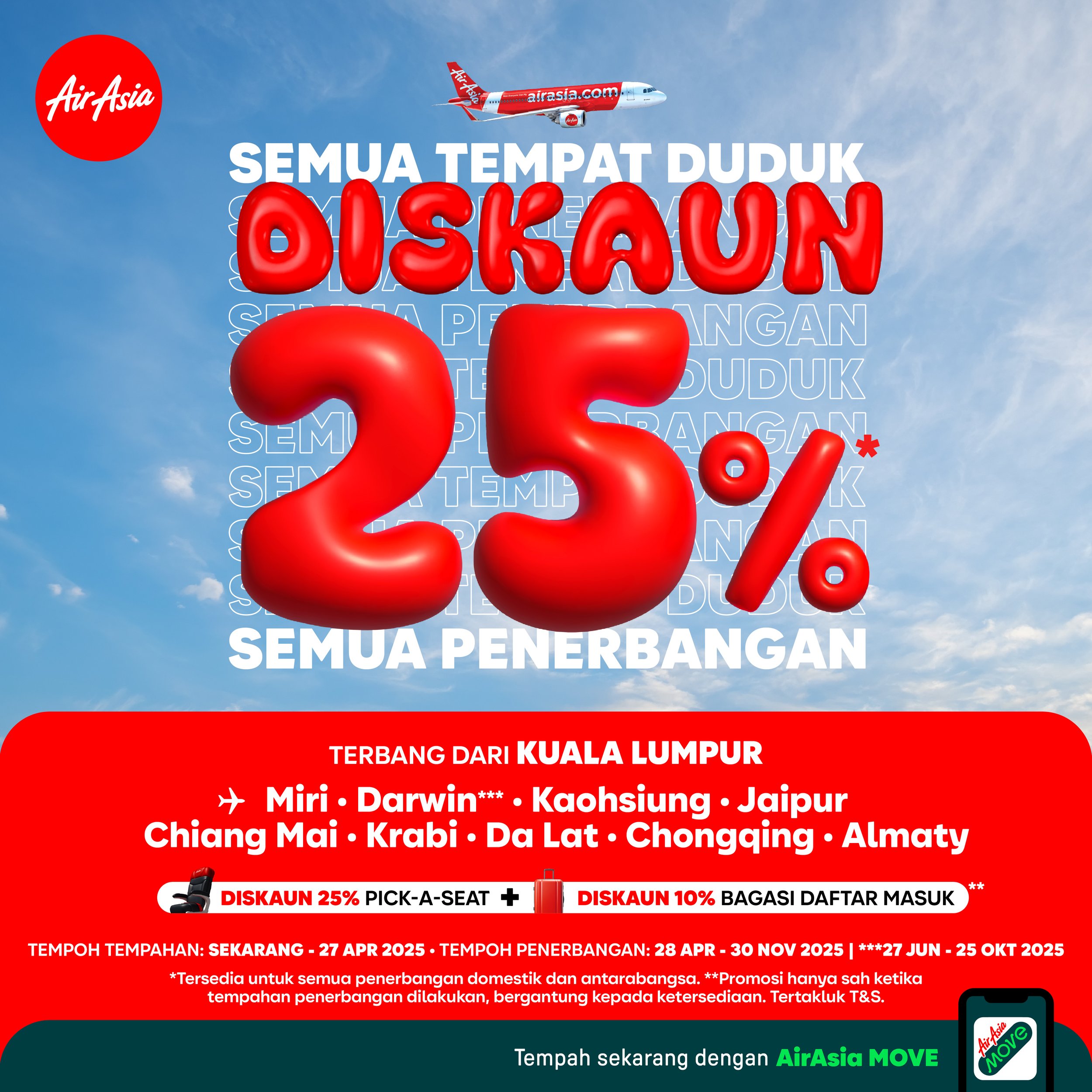 AirAsia tawar diskaun 25 peratus* untuk semua tempat duduk dan penerbangan