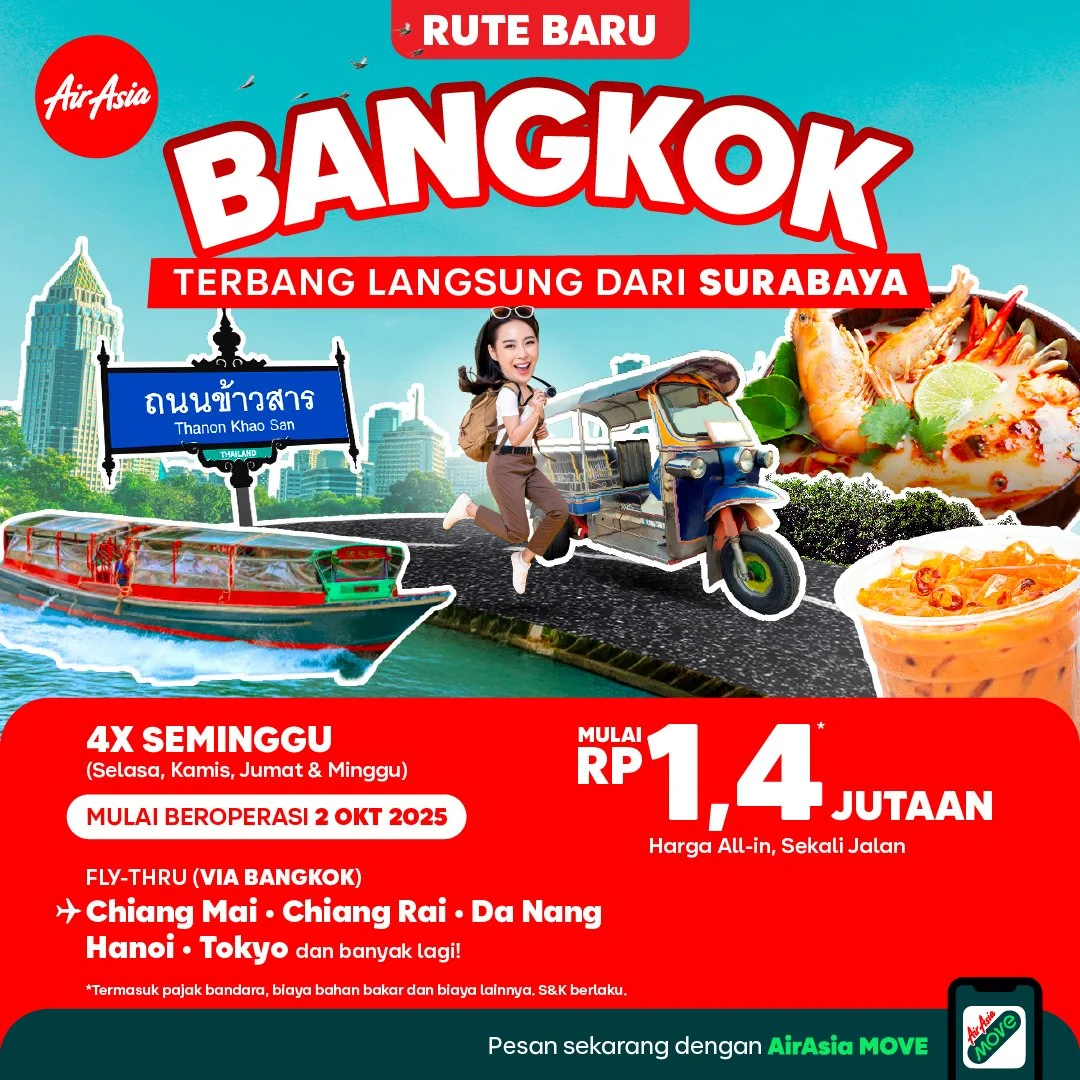 Perkuat Peran Surabaya sebagai Hub, Indonesia AirAsia Hadirkan Rute Baru ke Bangkok, Balikpapan, Berau, dan Tarakan