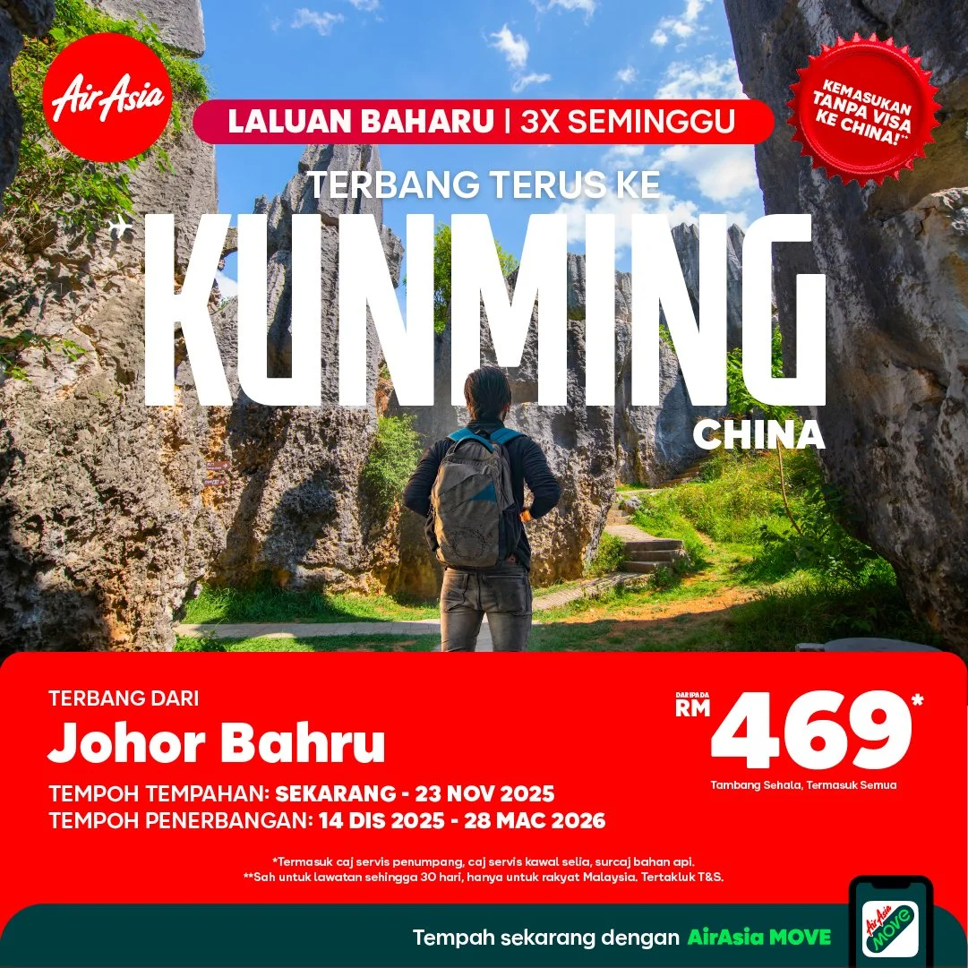 AirAsia perkukuh hab selatan dengan laluan baharu Johor Bahru-Kunming
