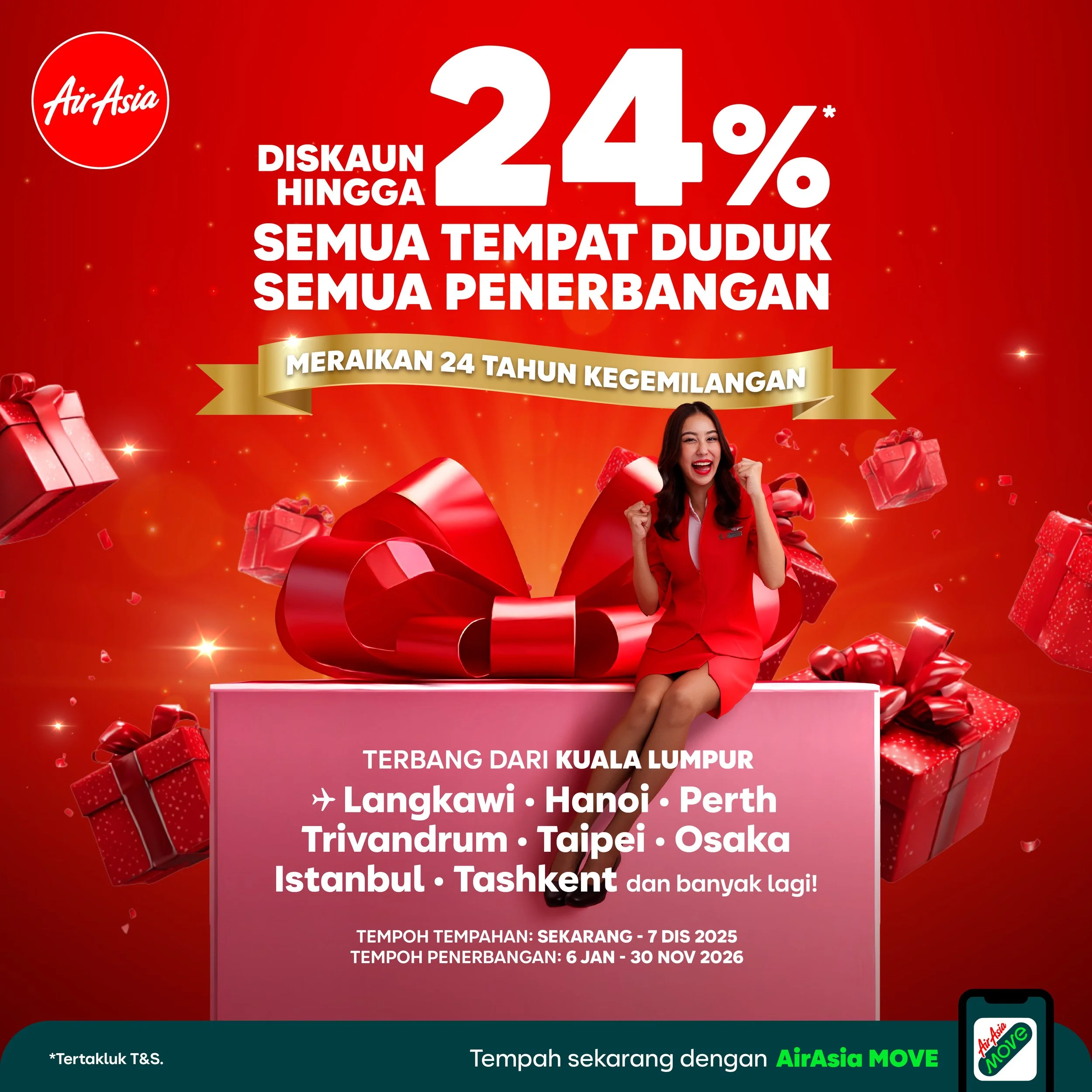 AirAsia rai ulang tahun ke-24 dengan diskaun sehingga 24%* untuk semua tempat duduk, semua penerbangan* sebagai peneraju tambang rendah terkemuka di Asia