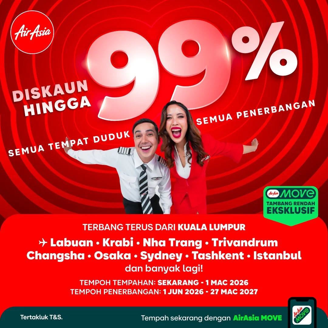 AirAsia tawar diskaun sehingga 99 peratus* bagi tambang menerusi promosi Semua Tempat Duduk, Semua Penerbangan