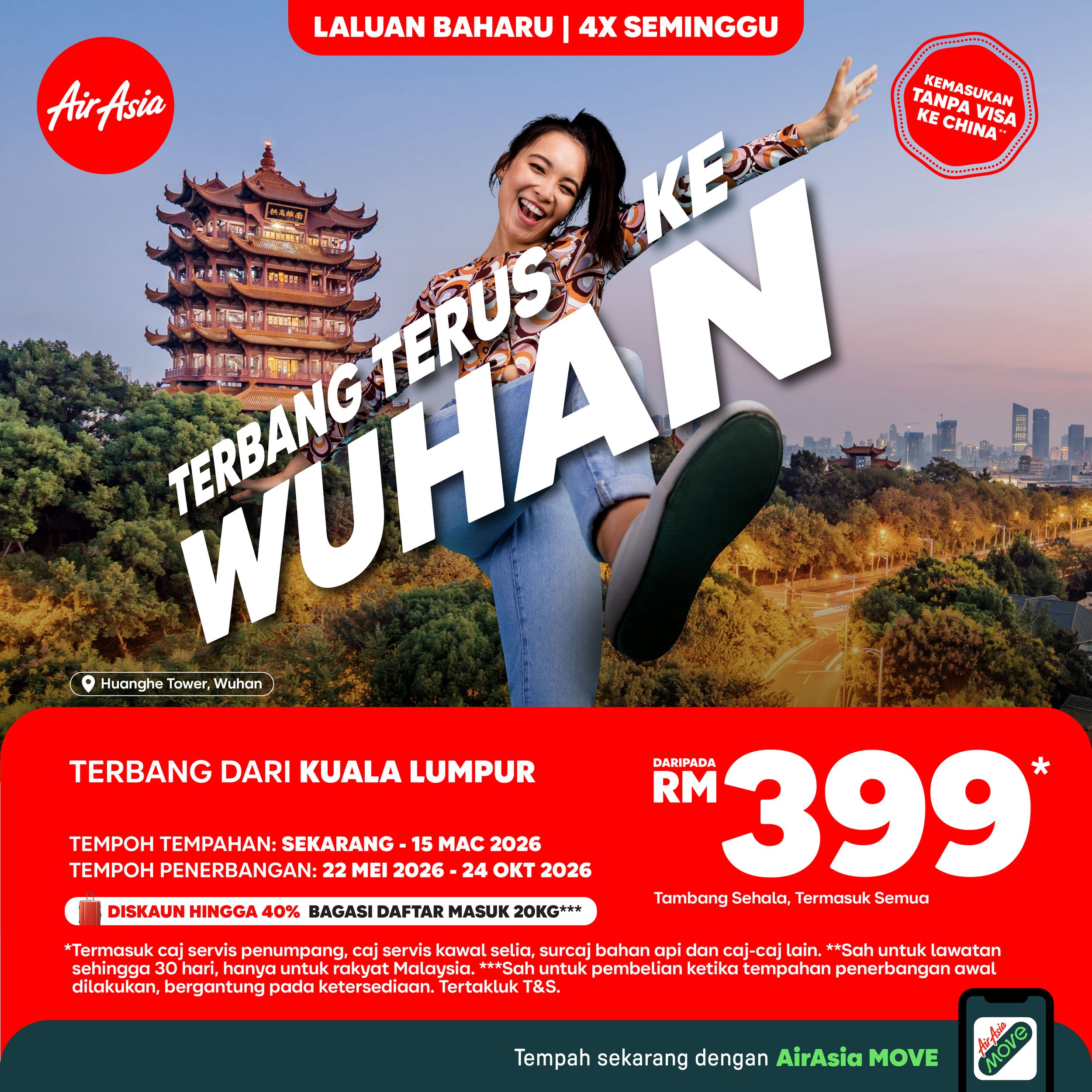 AirAsia perkukuh pasaran China di Malaysia dengan penyambungan semula laluan Kuala Lumpur-Wuhan