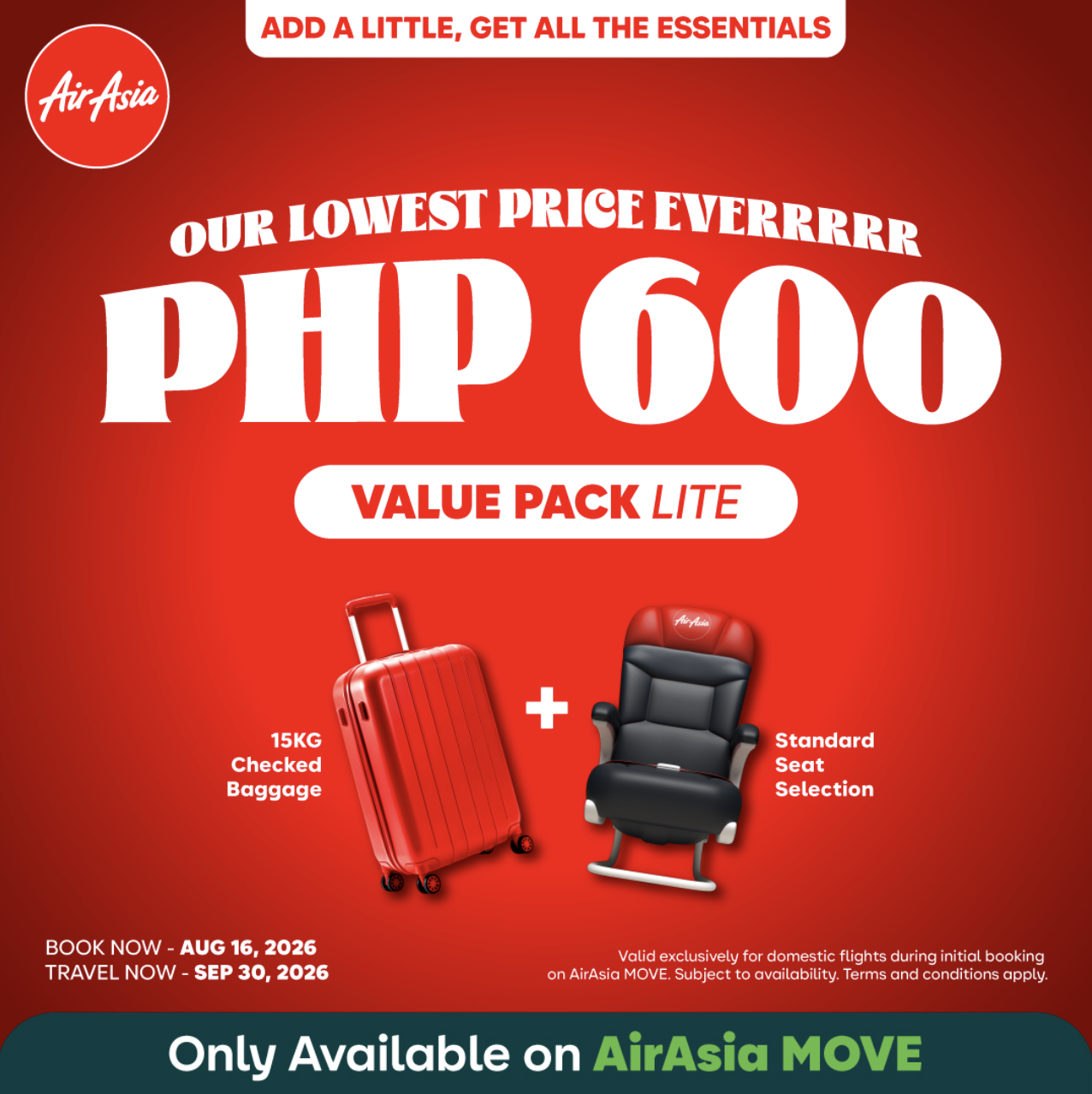Limited time only: AirAsia Philippines offers Php600 Fixed-Price Rate for 15kg Bag allowance and seat