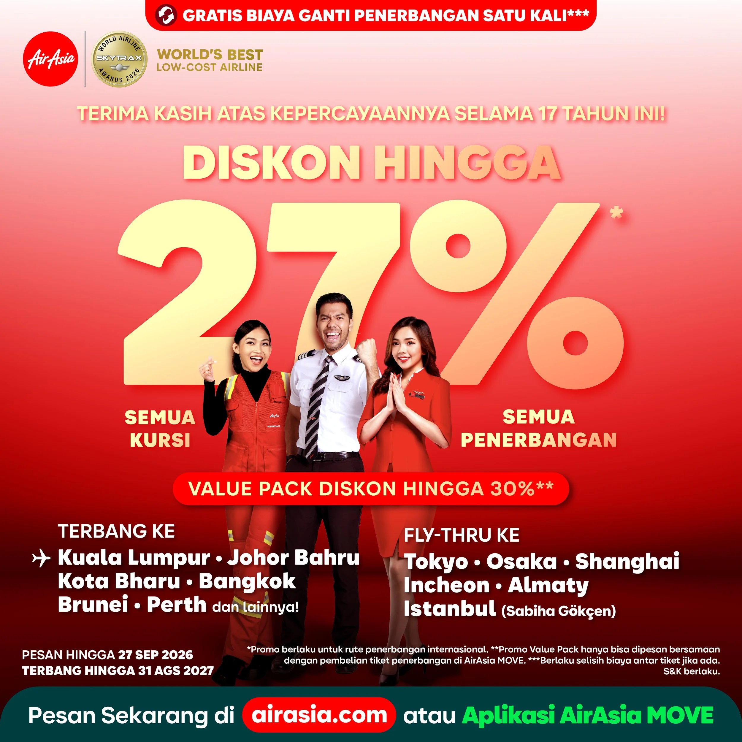 Rayakan Gelar Maskapai Berbiaya Hemat Terbaik Dunia Bersama AirAsia, Diskon hingga 27%* untuk Seluruh Penerbangan Rute Internasional