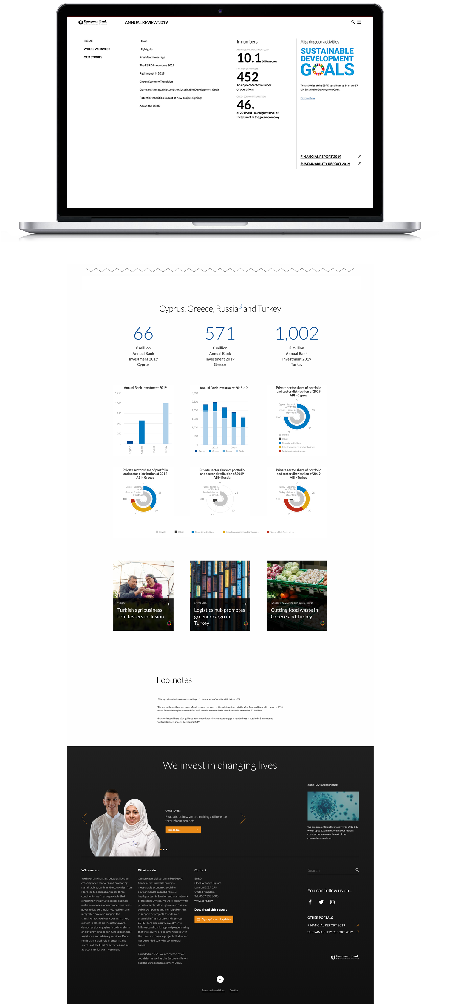 On2Design: web design and corporate brandingFull-screen extended menu; charts and story module links; full-screen footer