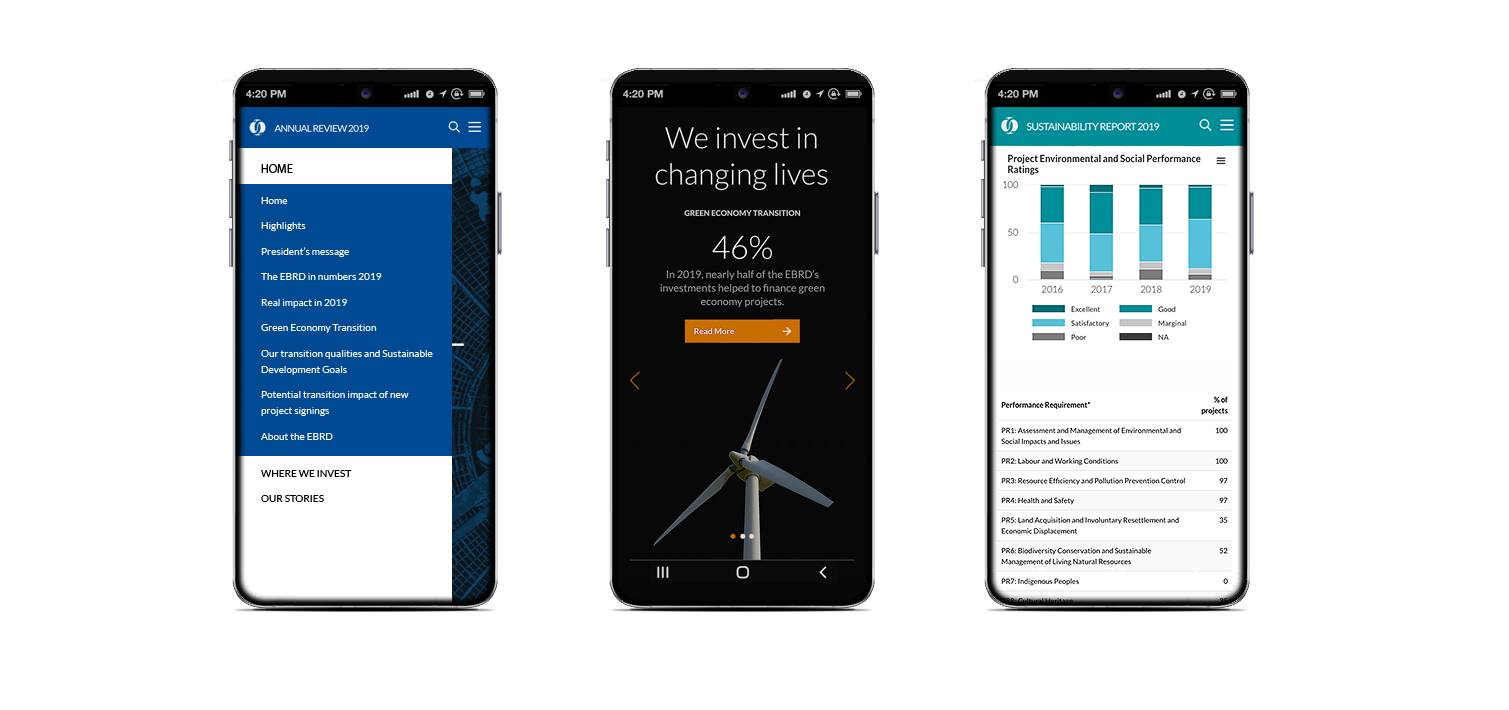 On2Design: web design and corporate brandingMobile design snapshots of the EBRD Annual report menu screen, a full screen footer and  Sustainability corporate websites