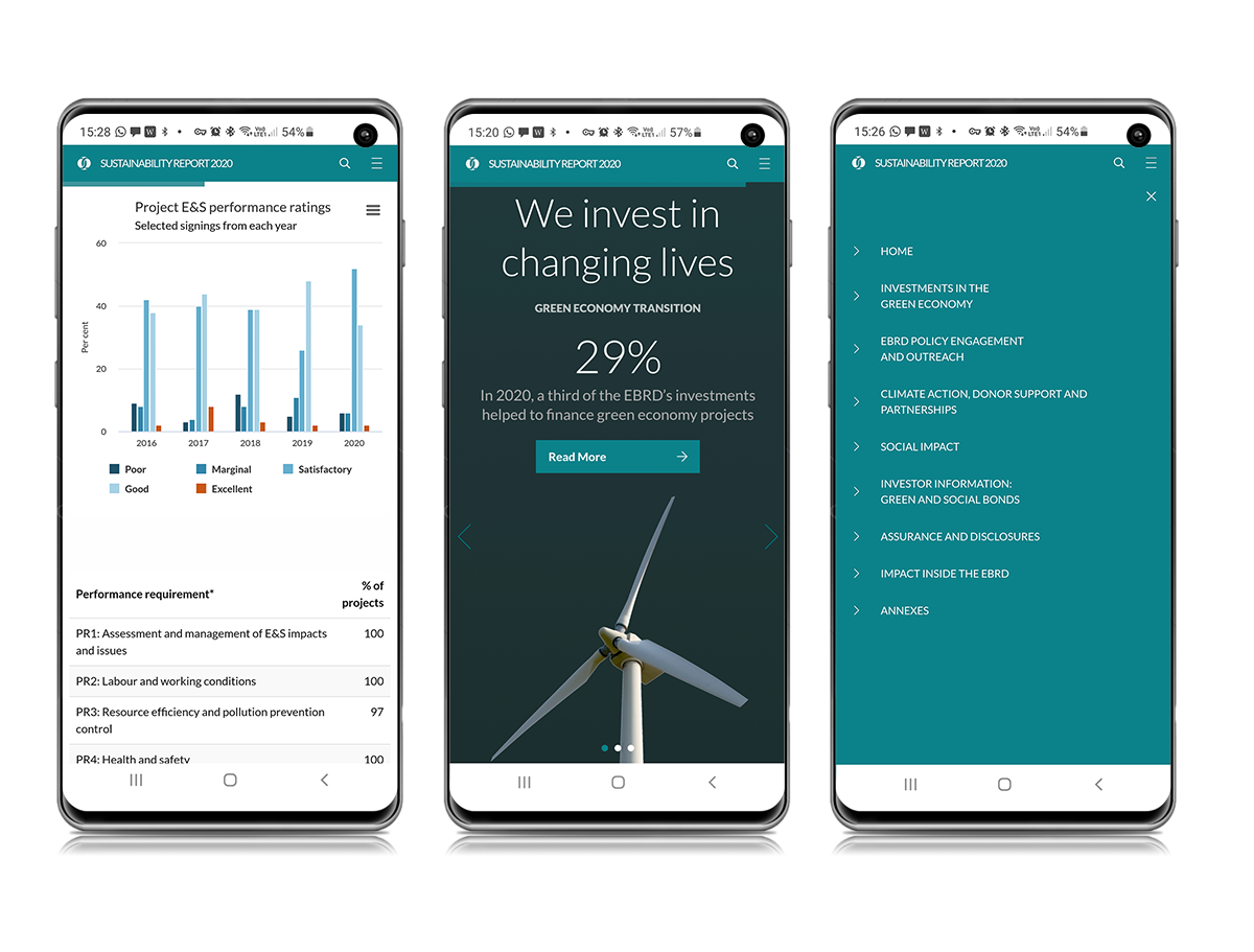 On2Design: web design and corporate brandingMobile design snapshots of the EBRD Annual report menu screen, a full screen footer and  Sustainability corporate websites