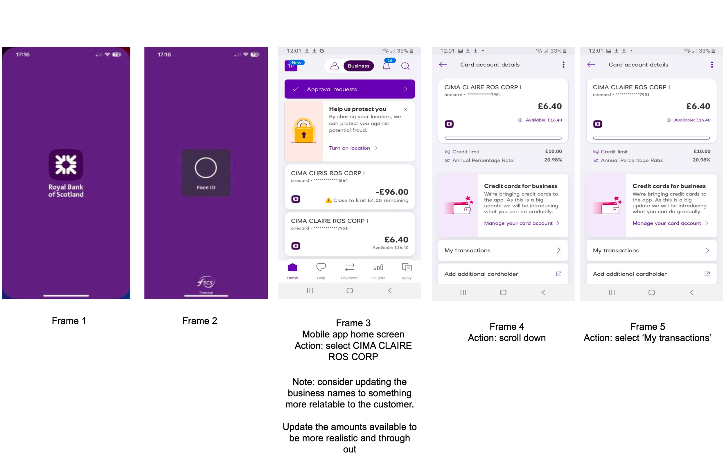 Screenshots of a mobile banking app on a smartphone, showing the home screen, face ID recognition, account details, transactions, and navigation options for managing credit cards.