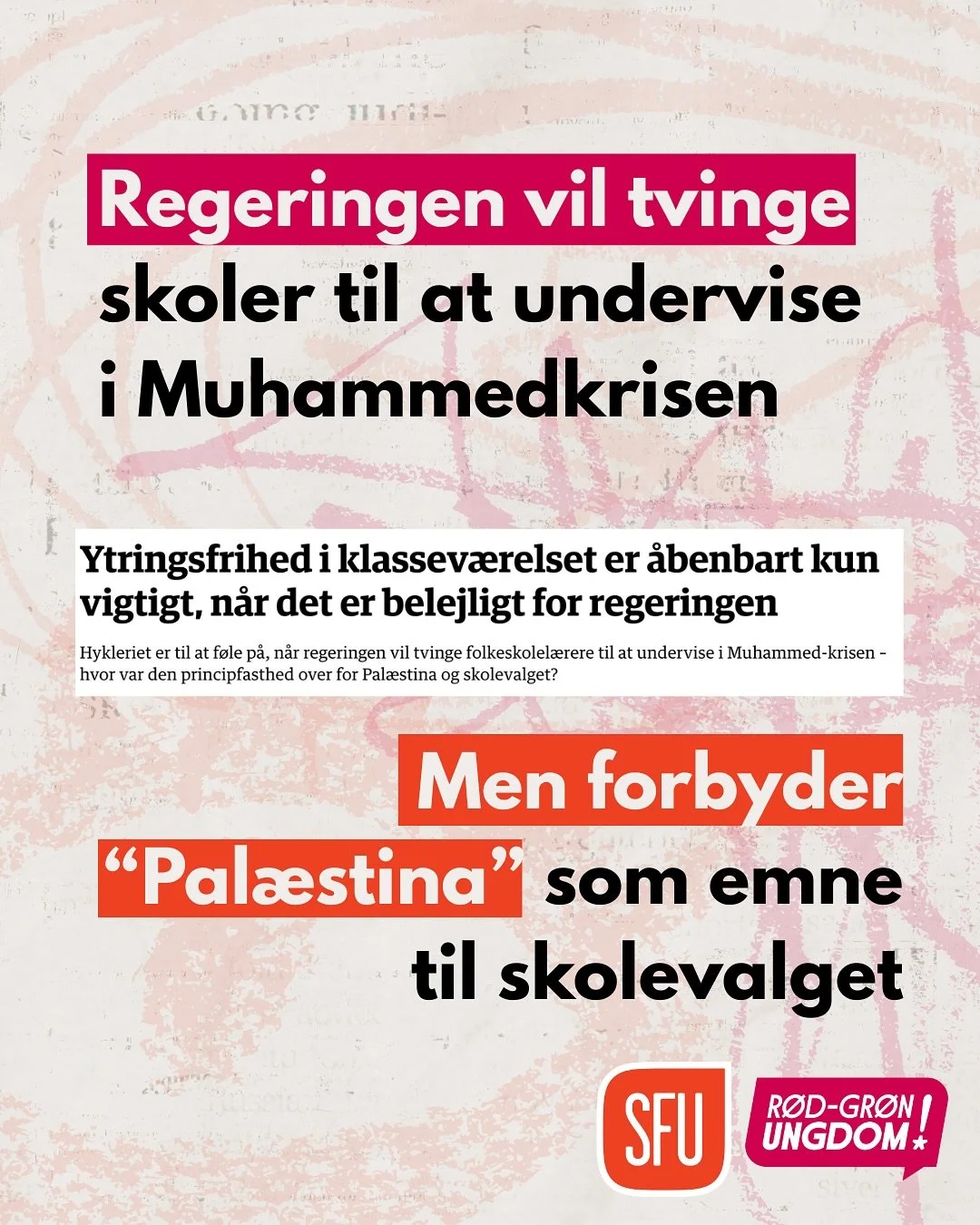 Ytringsfrihed i klasselokalet? Kun n&aring;r det passer regeringen, &aring;benbart

Regeringen vil nu tvinge skoler til at undervise i Muhammedkrisen. Samtidig forbyder de &ldquo;Pal&aelig;stina&rdquo; som emne til skolevalget.

Vi st&aring;r med en 