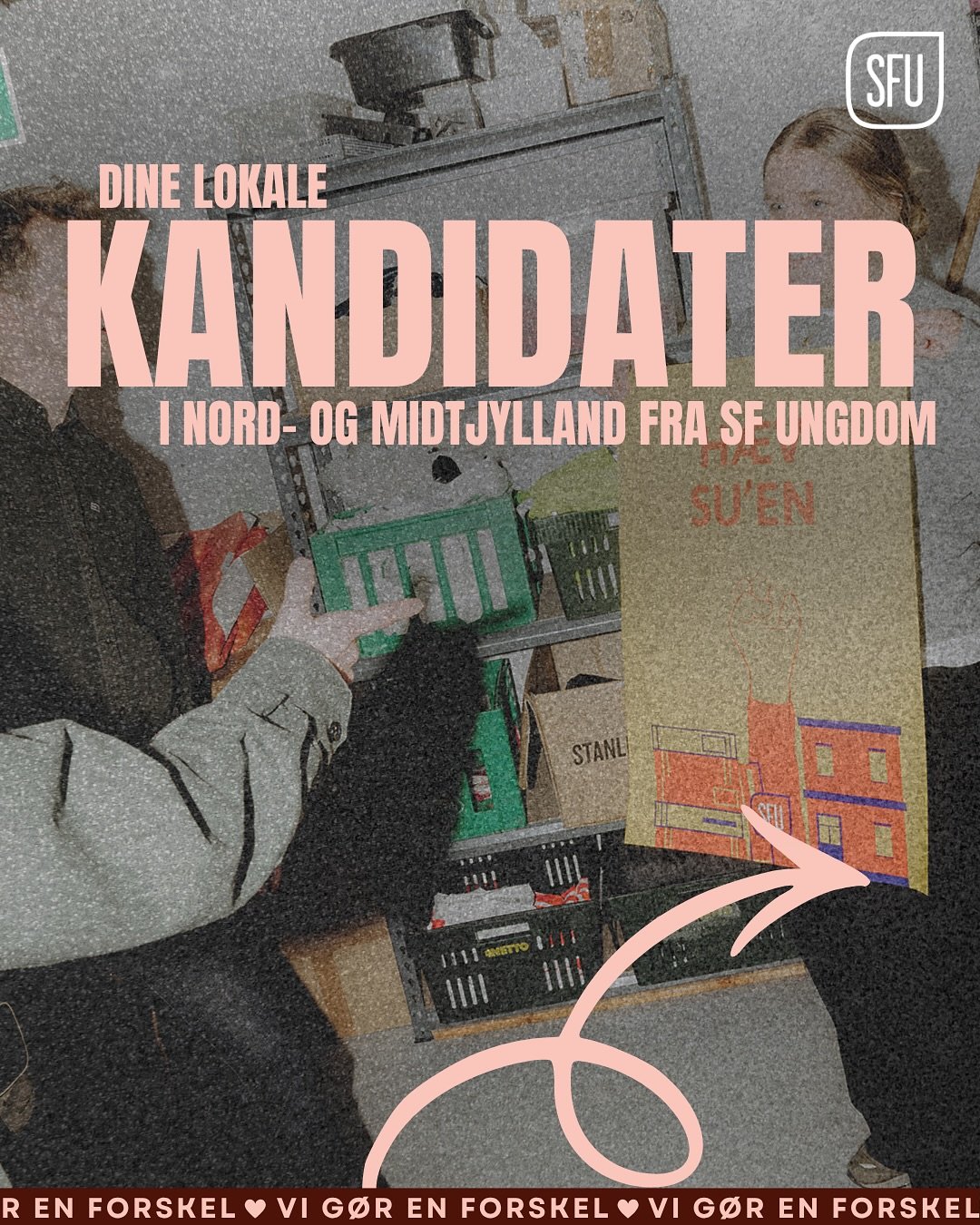 Dine kandidater i Midt- og Nordjylland💖 

L&aelig;s mere p&aring; sfu.dk/hvem-kan-jeg-stemme-paa

Sammen kan vi g&oslash;re en forskel ❤️ Stem SF Ungdom til valget