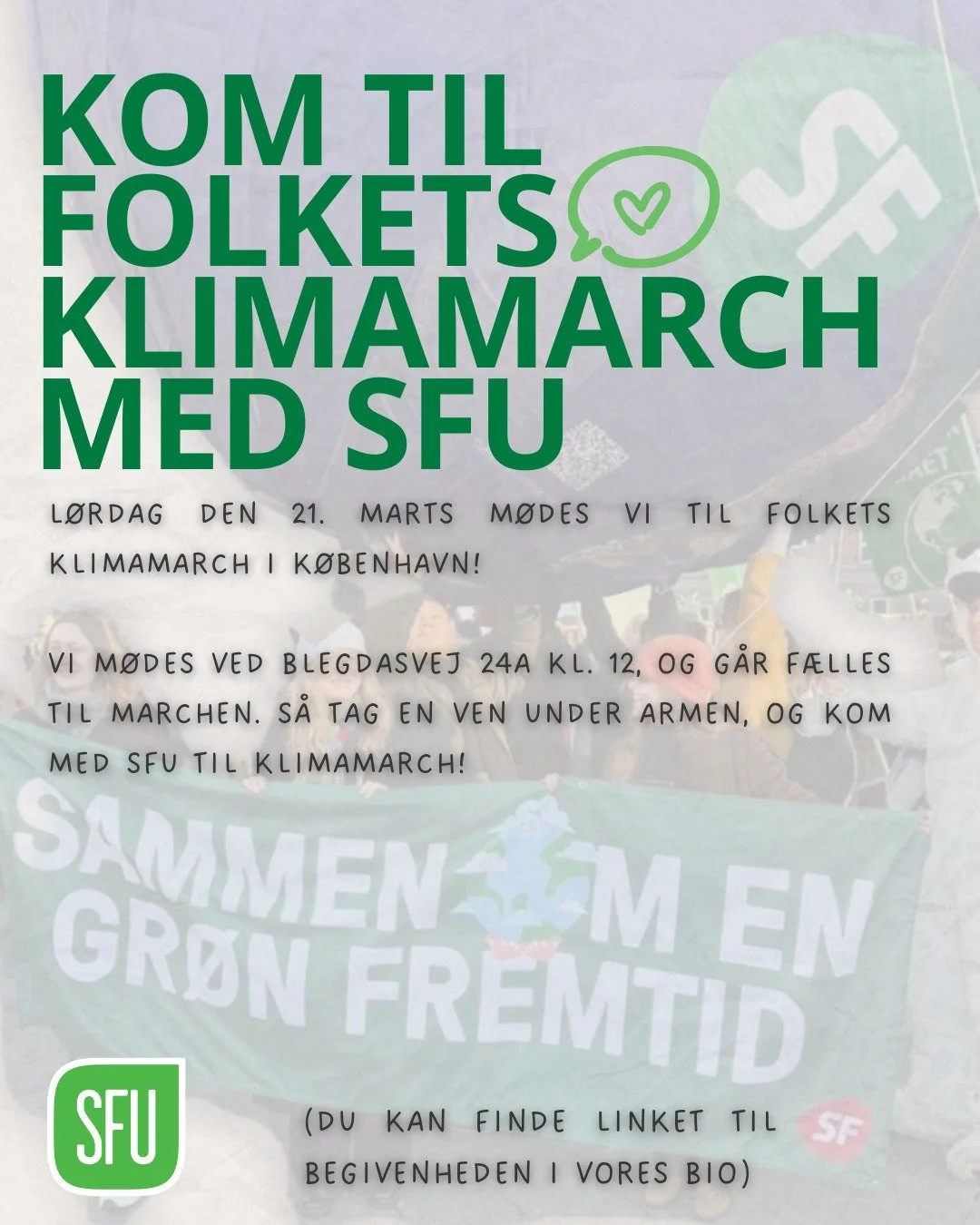 Kom til folkets Klimamarch med SFU!

Vi m&oslash;des den 21. marts kl. 12.00 for at tage f&aelig;lles til folkets klimamarch i K&oslash;benhavn. Det er vigtigt, og selvom klimakrisen er alvorlig, skal vi nok have det sjovt💚💚💚💚