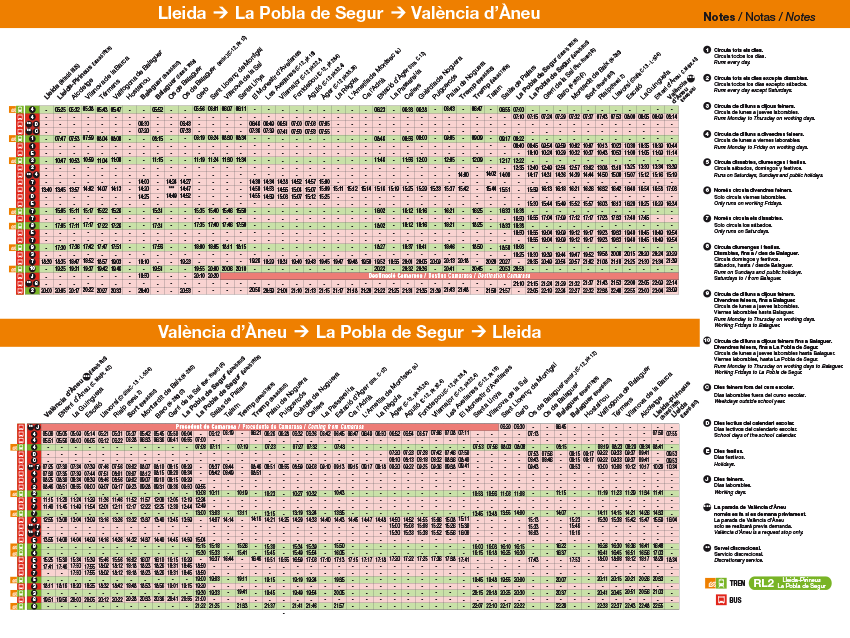  Fullet de butxaca per a FGC amb els horaris combinats de línies d'autobus y ferrocarril entre Lleida i València d'Àneu  Folleto de bolsillo para FGC con los horarios combinados de líneas de autobús y ferrocarril entre Lleida y Valencia d'Àneu  