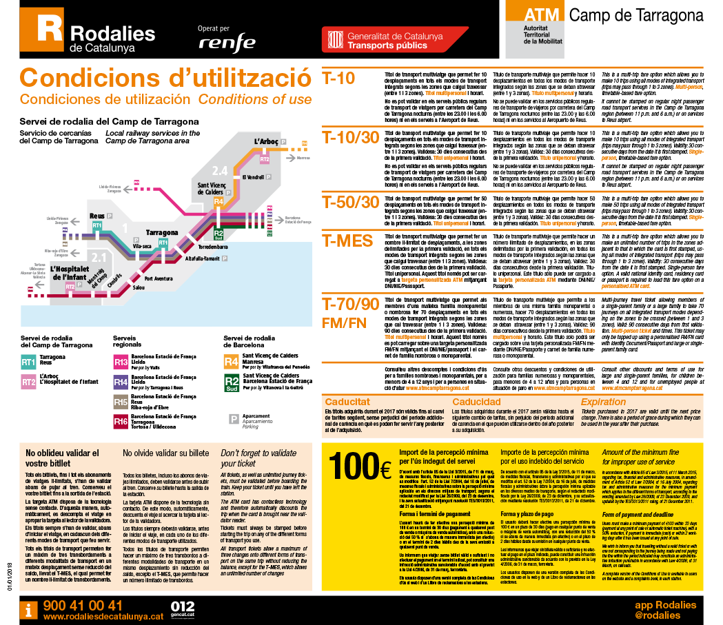 Mural de les condicions d'utilització i informació complementària de la xarxa de tren Rodalies de la provincia de Tarragona, en tres idiomes  Mural de las condiciones de utilización e información complementaria de la red de tren de cercanías de la p