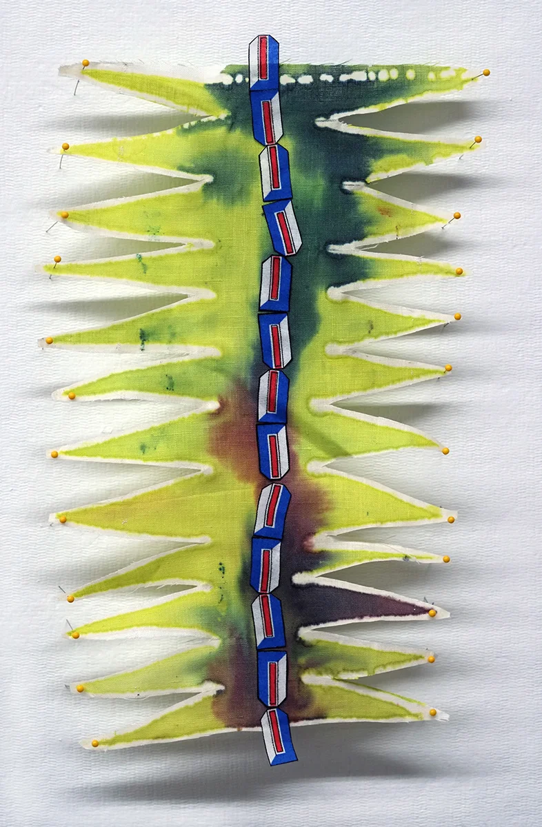 Swamp Bloom dye, linen, printed cotton, sewing pins 9x16" 2016
