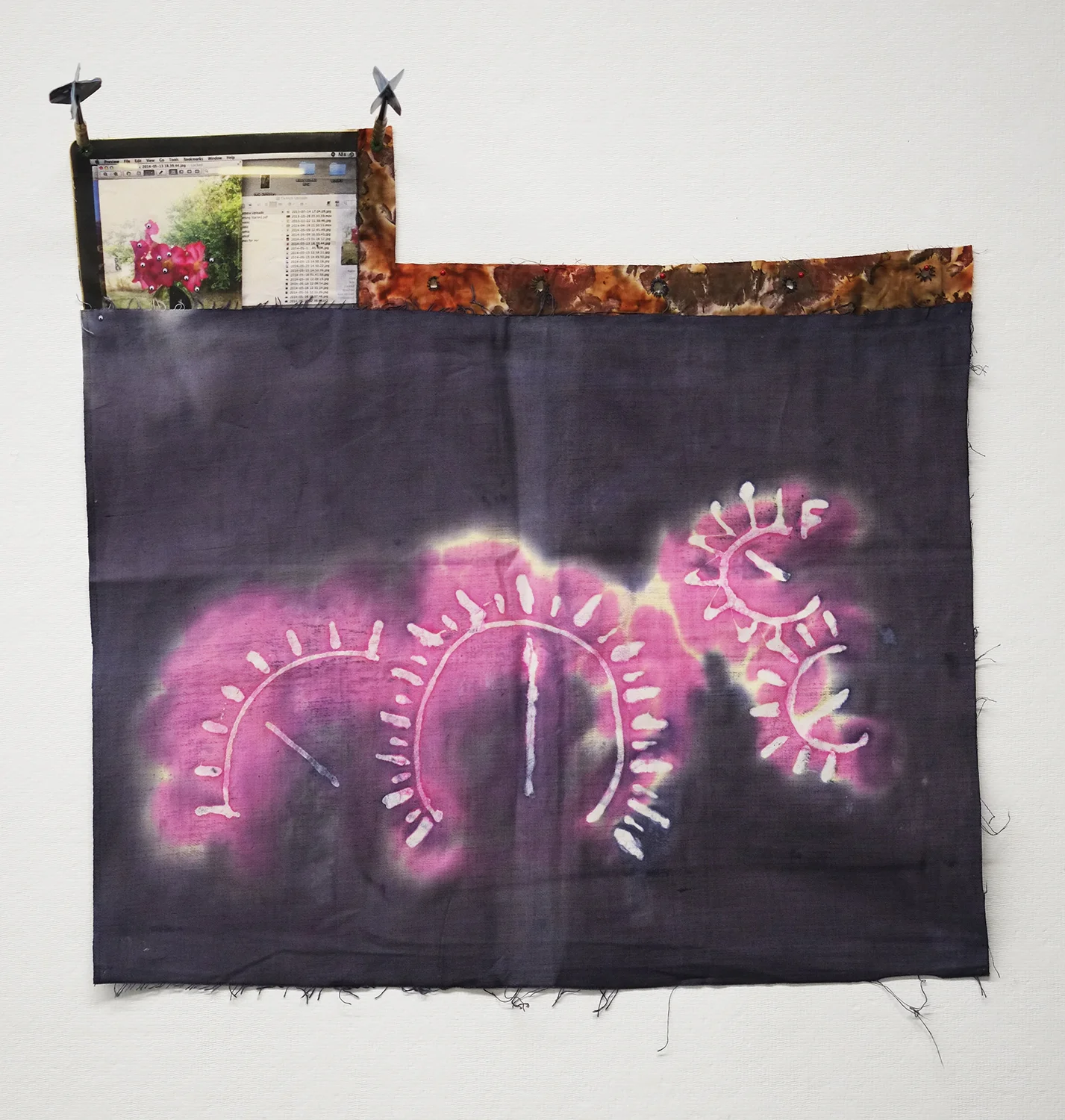 Dash dye, denim, thread, photo on cotton, googly eyes 24.5x23" 2016