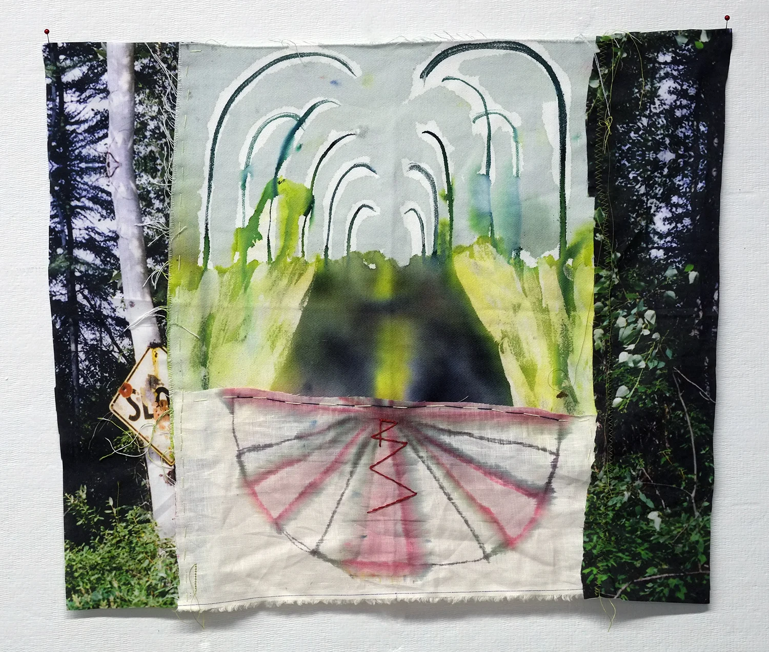 Slow Road photograph on cotton, dye, linen, thread 20x21" 2016