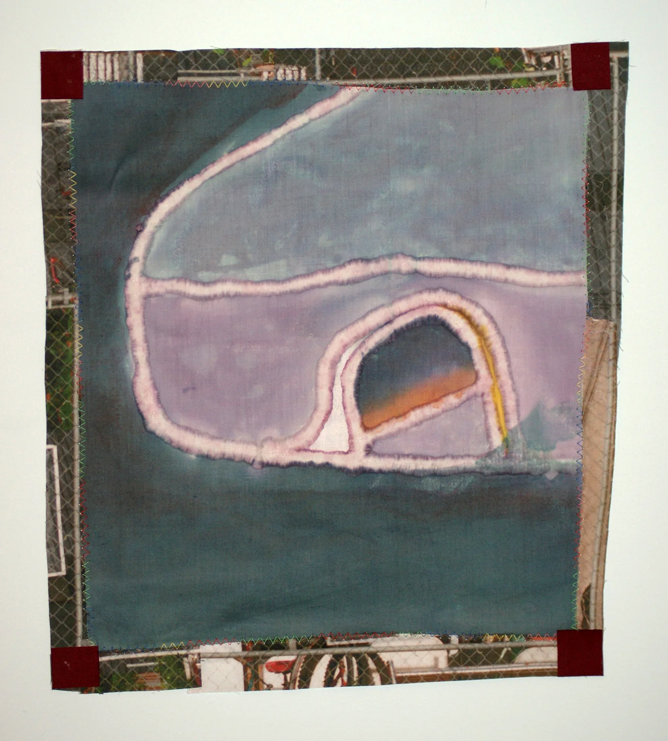 Passenger Side Sunset dye, linen, photograph, printed on cotton, thread 13.5x11" 2016