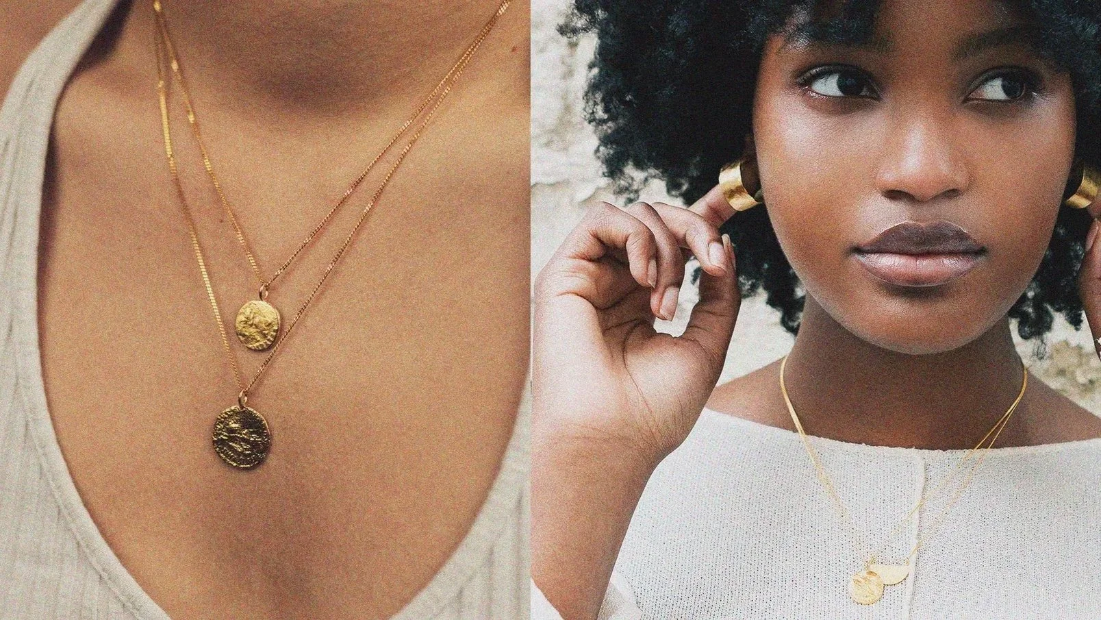 Close-up of layered gold necklaces on a woman with a white top; woman with short curly hair wearing gold earrings and a necklace, holding her earring to her ear.