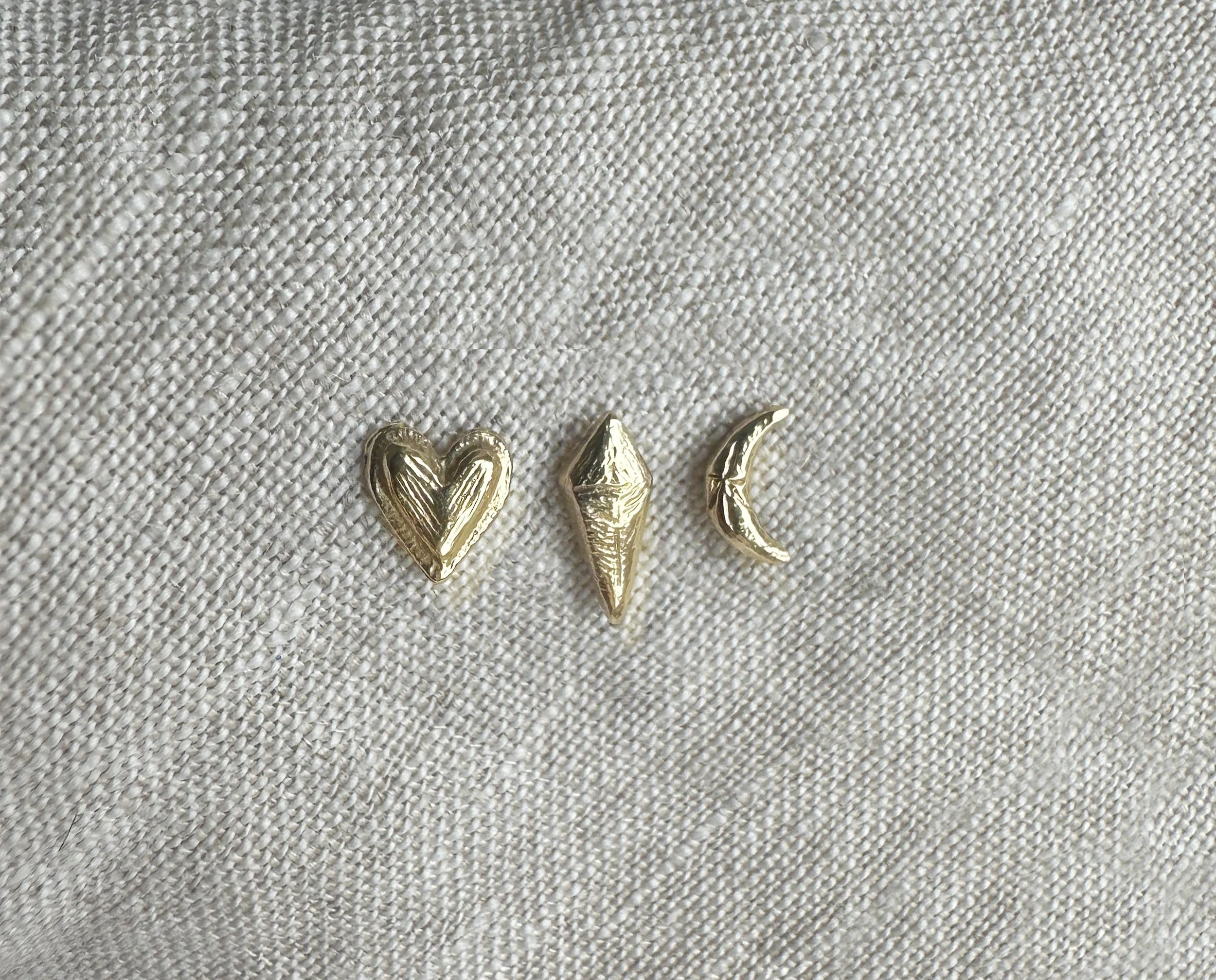 set of three solid gold textured studs - one heart, one crescent moon, one kite shape (Copy)