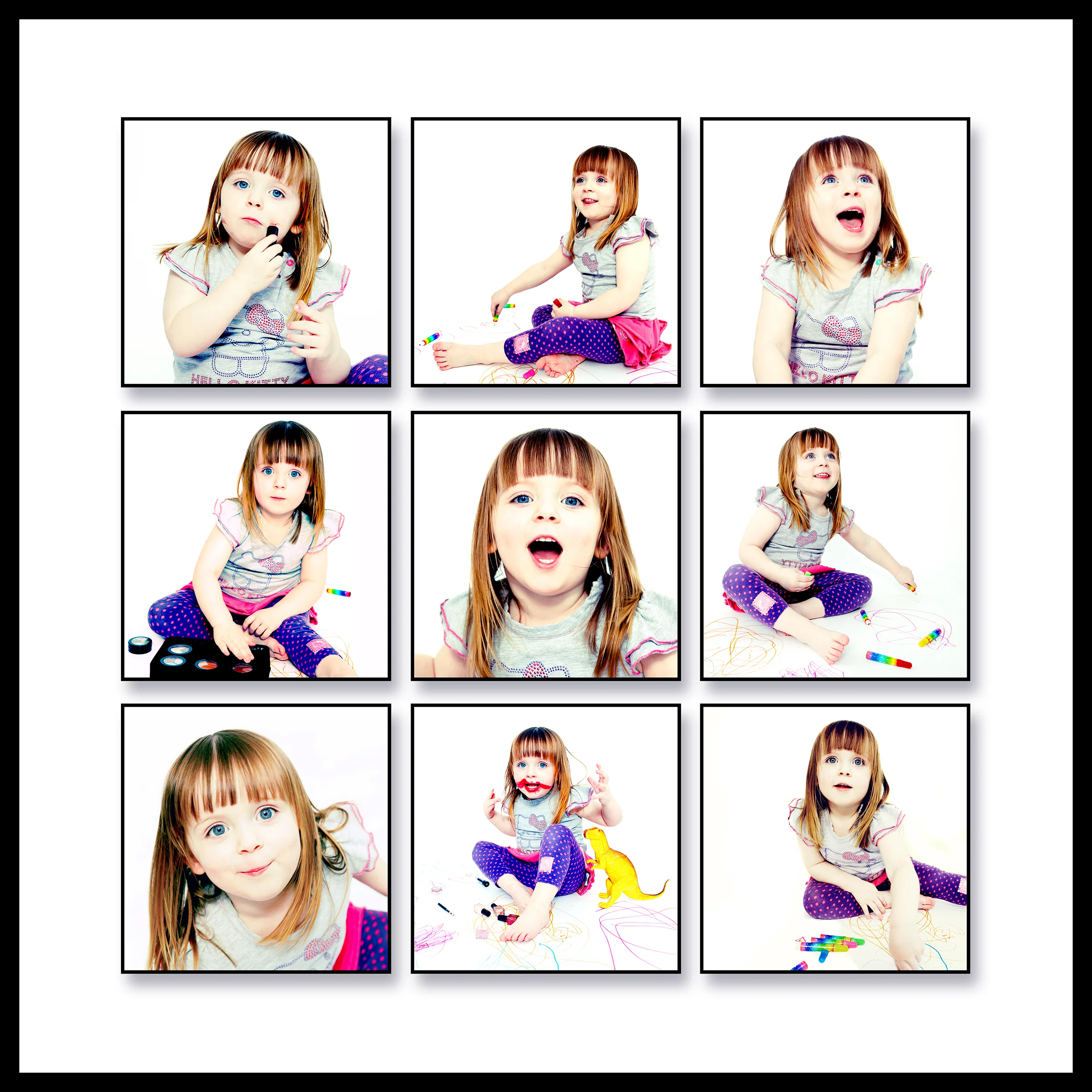 collage image of a little girl playing with makeup
