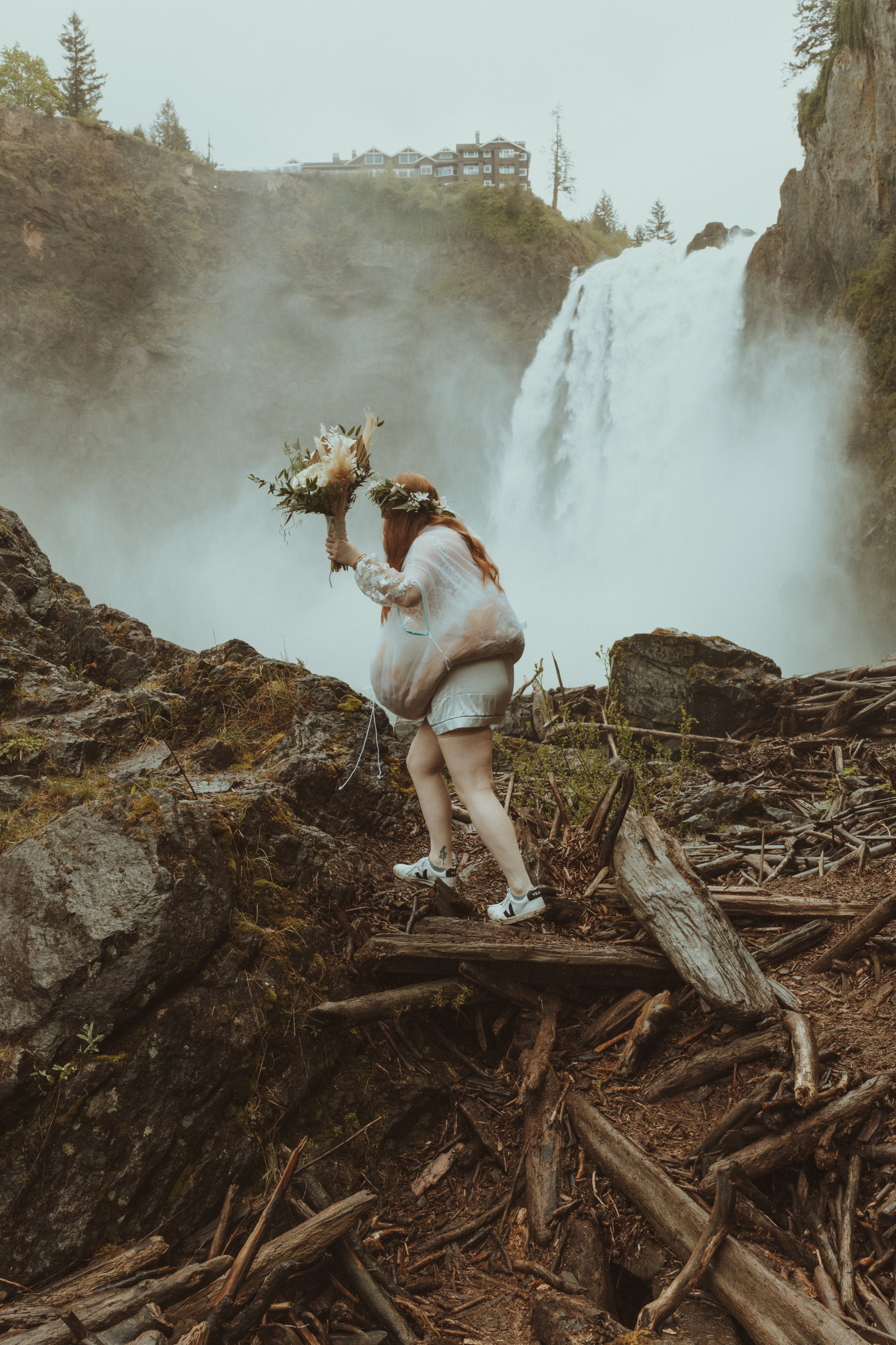 Bride Wears Bridal Buddy to Hike Up to Salish Falls