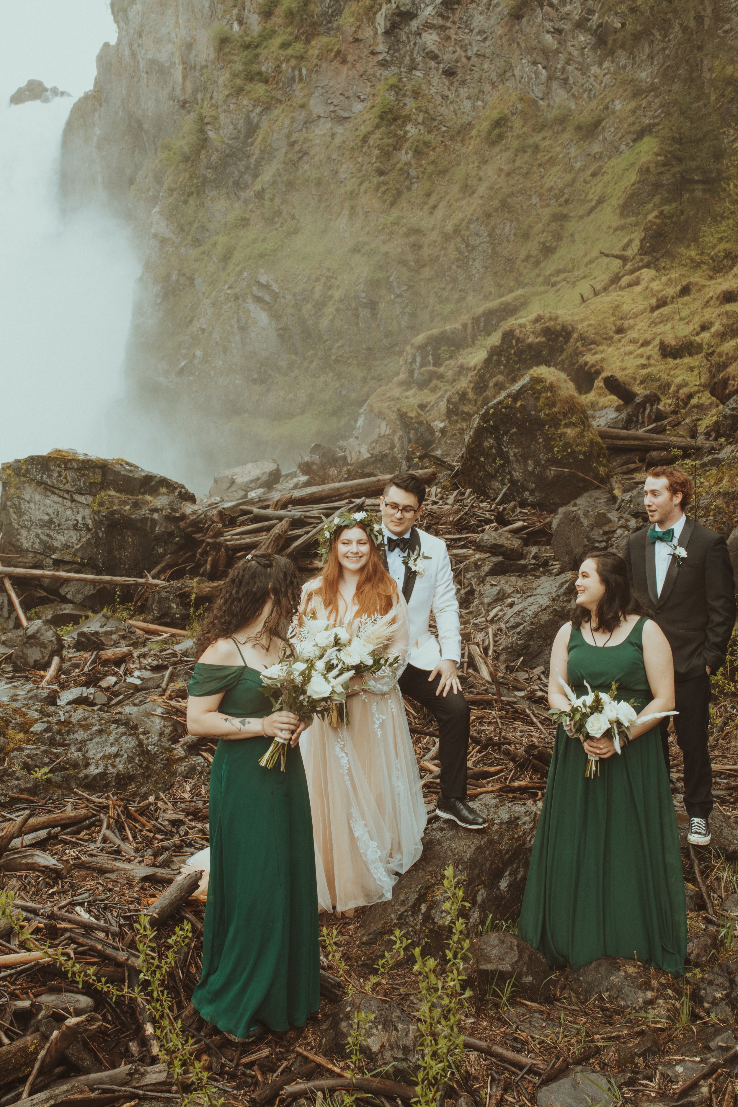 Wedding Party Poses in front of Snoqualmie Falls