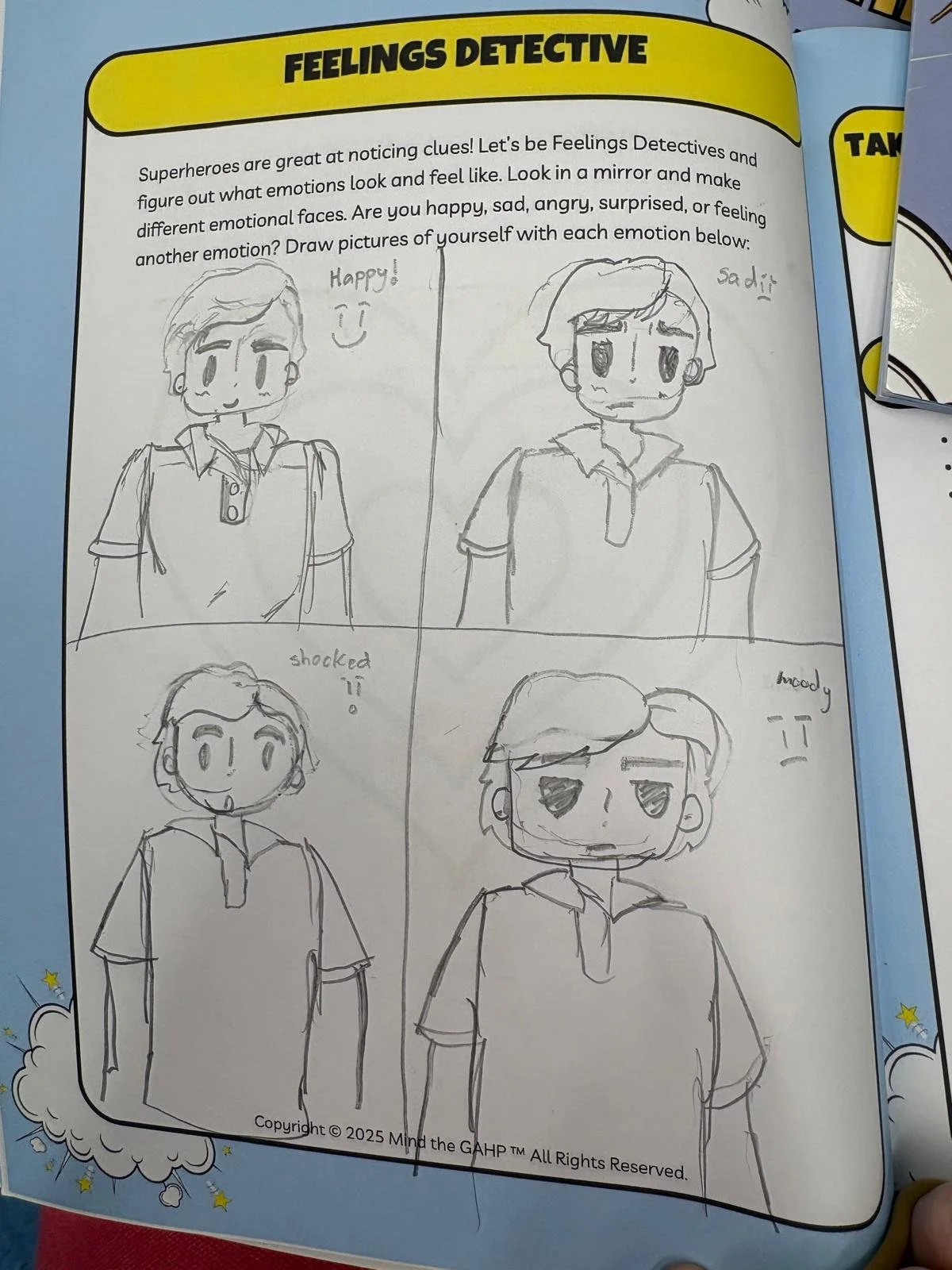 A worksheet titled 'Feelings Detective' with four hand-drawn cartoon characters showing different emotions: happy, sad, shocked, and moody.