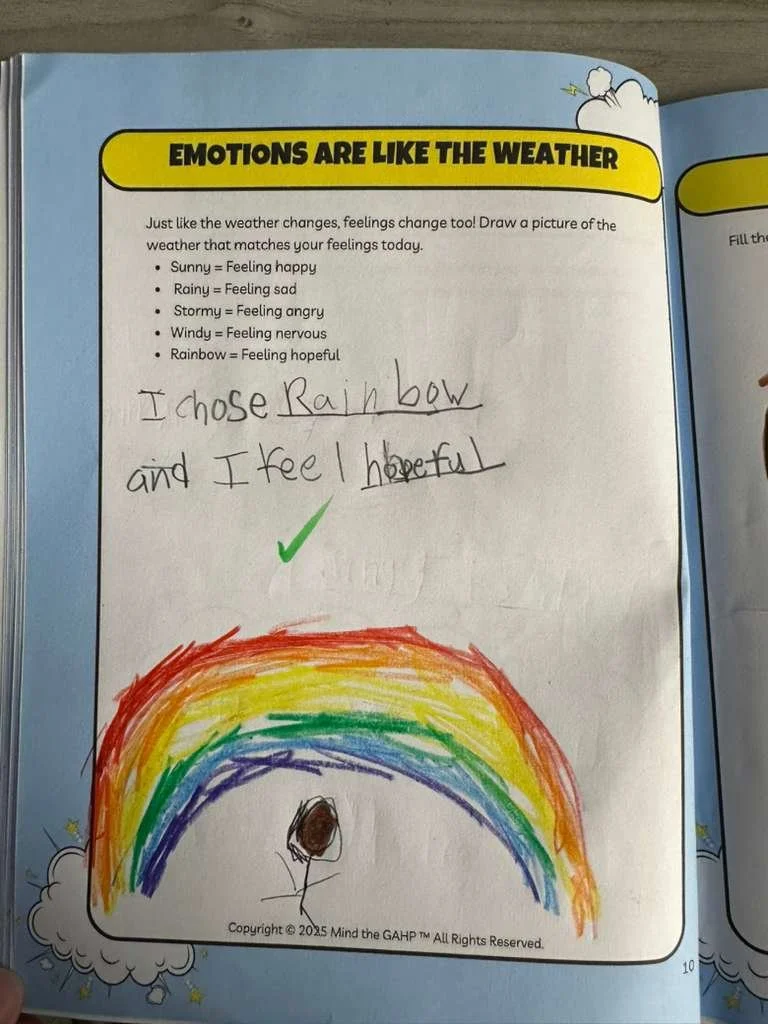 A child's drawing of a rainbow with seven colors—red, orange, yellow, green, blue, indigo, and violet—arched over a small stick figure person with brown hair. The drawing is on a page titled 'Emotions Are Like The Weather,' with a list of weather typ